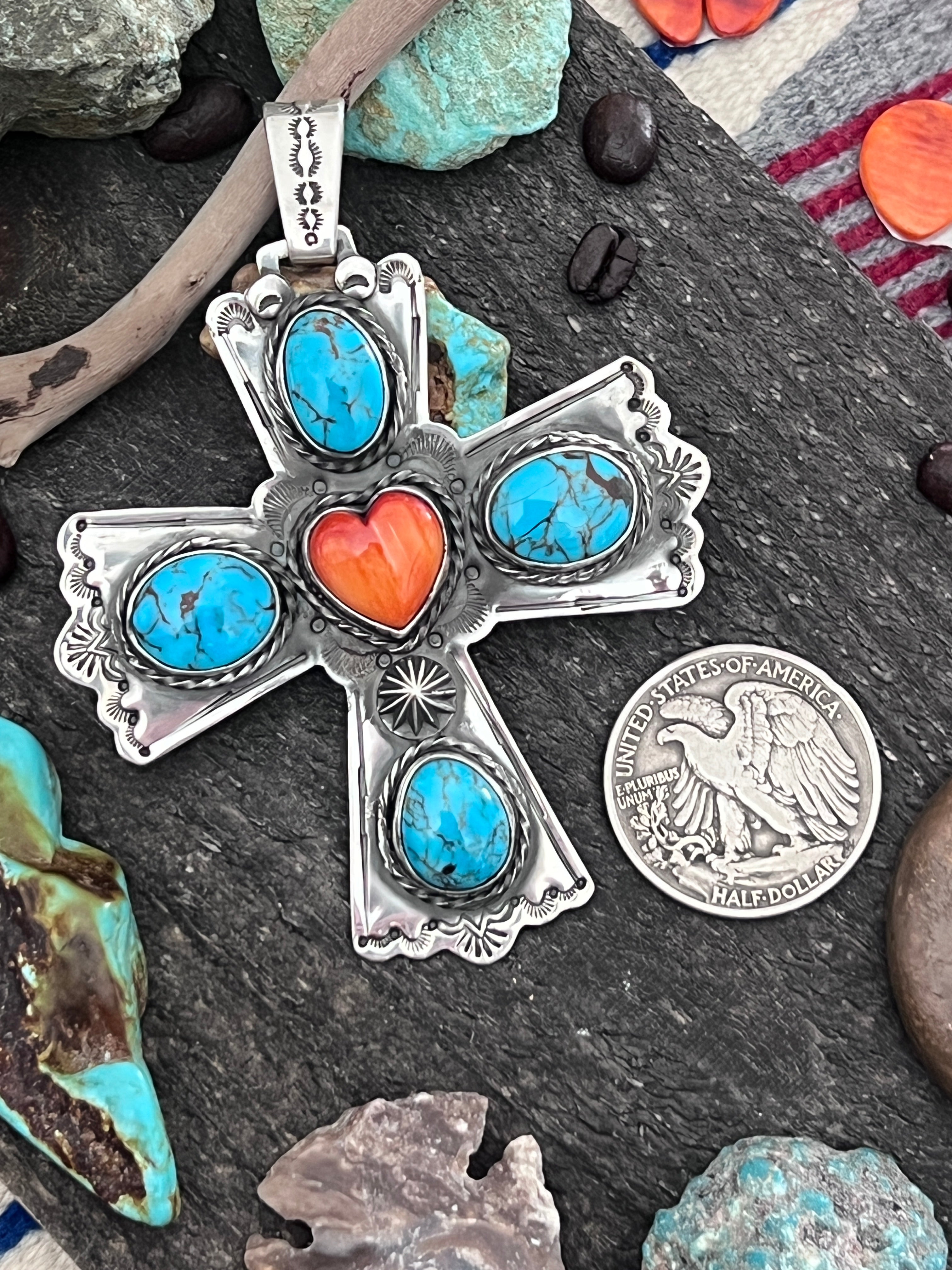 Hand Stamped Sterling Silver, Egyptian Turquoise & Spiny Oyster Cross Pendant by Kimari Somers