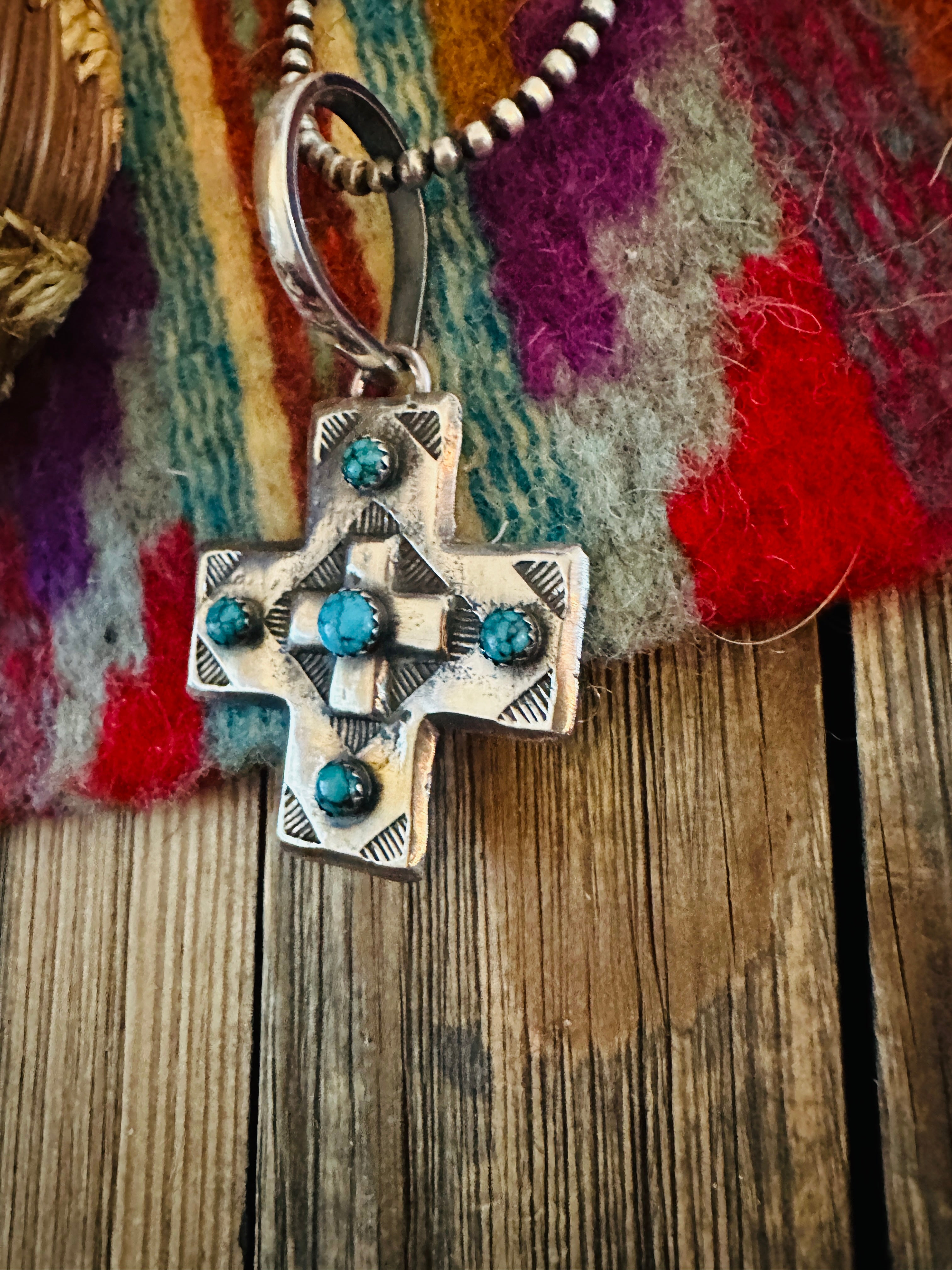 Handcrafted Coin Silver & Turquoise Cross Pendant by Buffalo Dancer