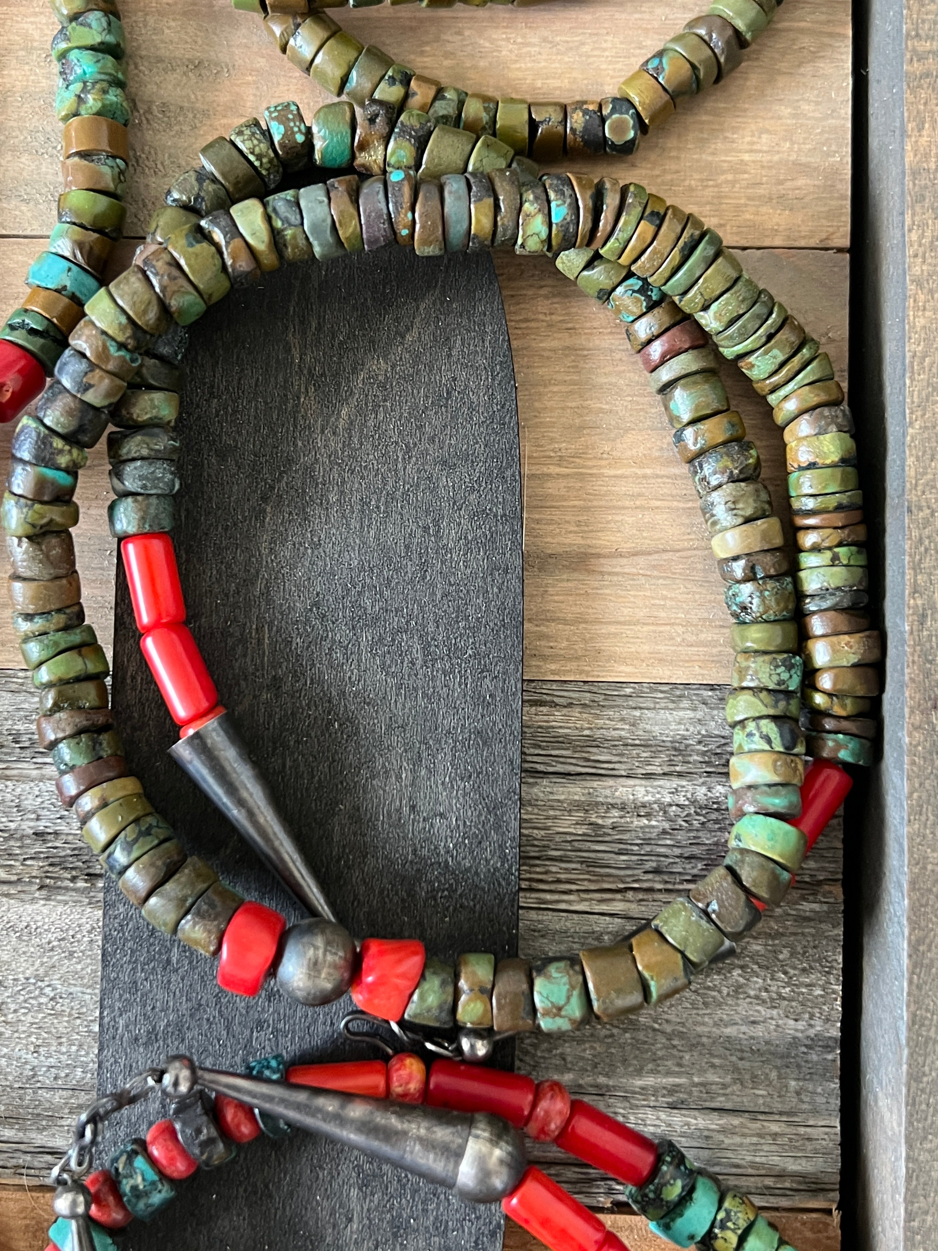 Handcrafted Hubei Turquoise Beaded Necklace with Sterling Silver and Bamboo Coral by Kirby Smith: 13 To Choose From!