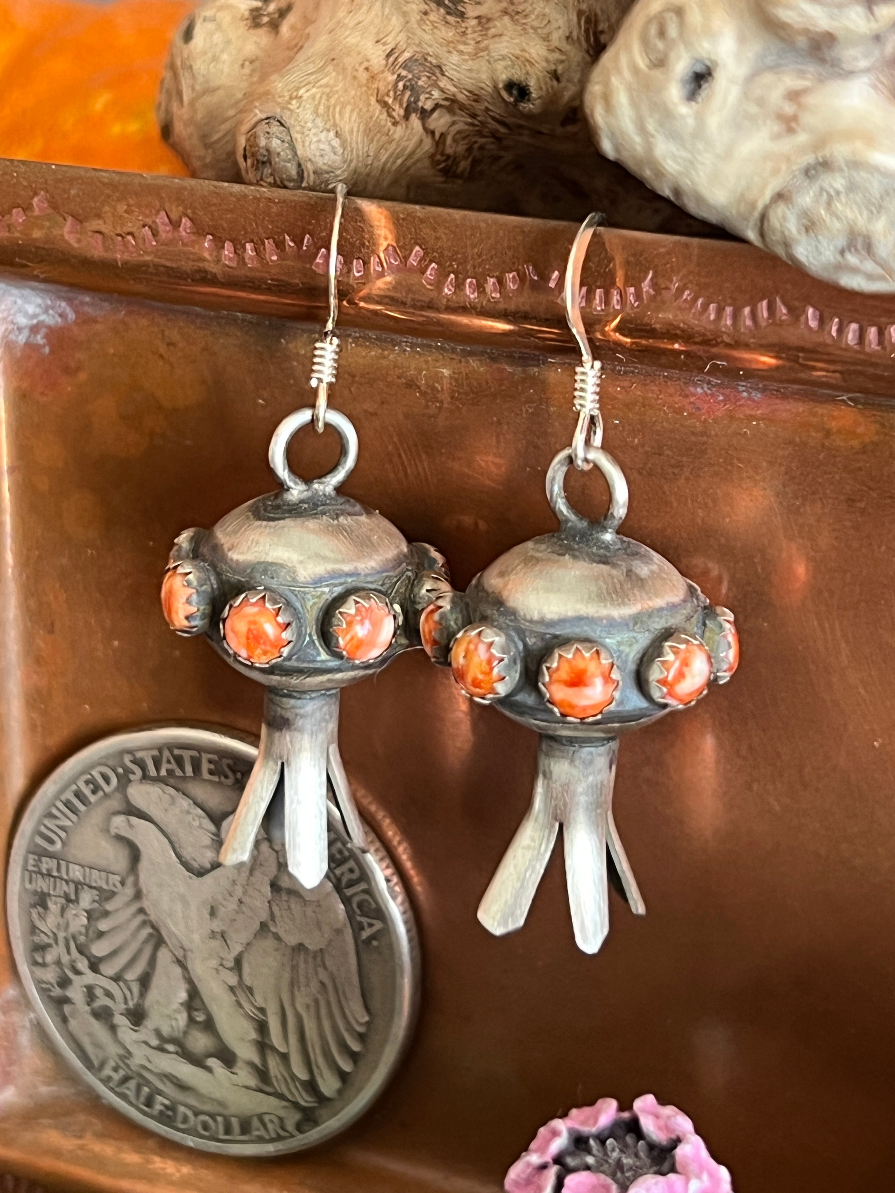 Handcrafted Sterling Silver Blossom Dangle Earrings w/ Orange Spiny Oyster by Monica Smith