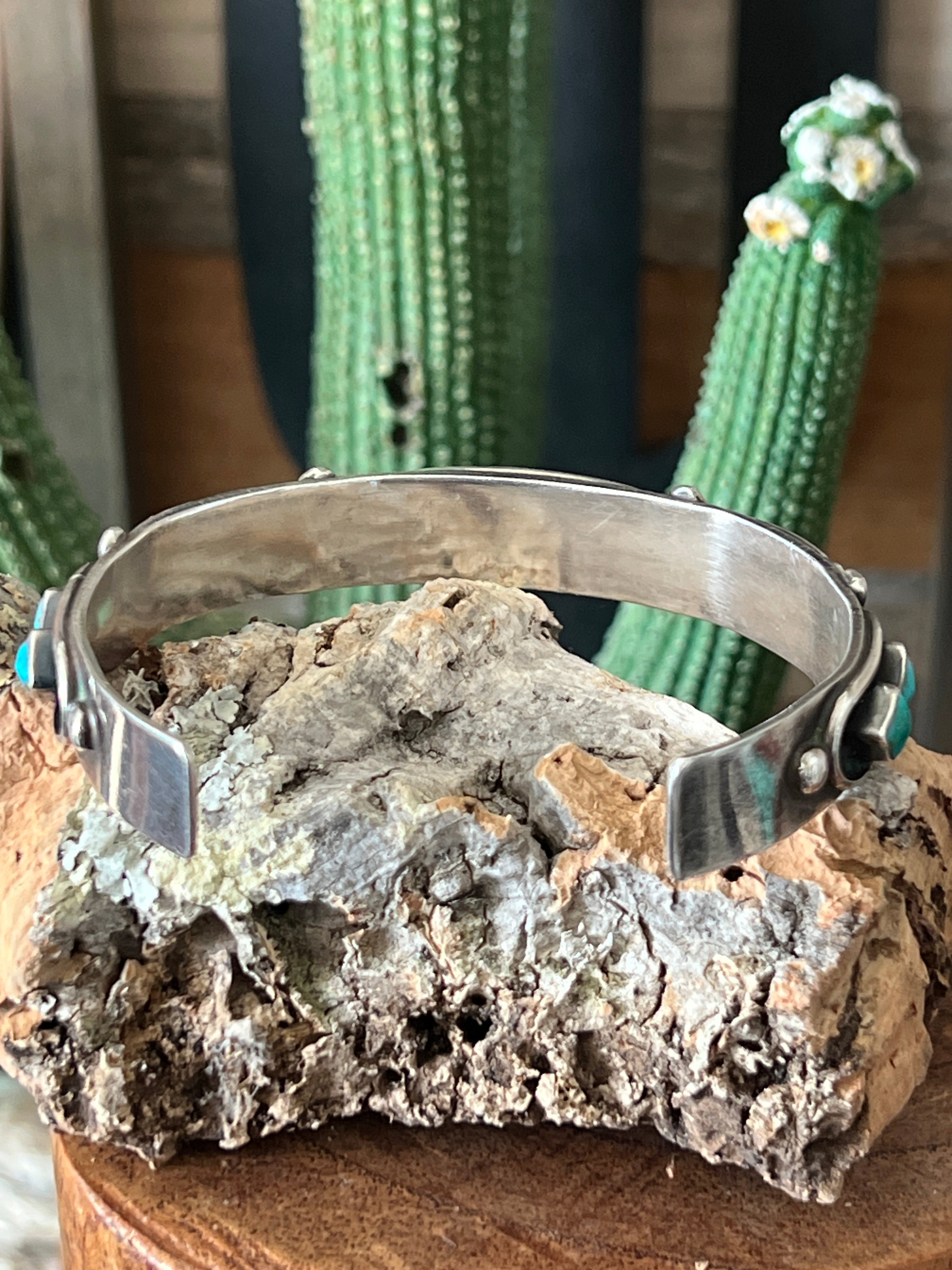 Handcrafted Vintage Sterling Silver and Four Diamond Turquoise Panel Stacker Cuff Bracelet