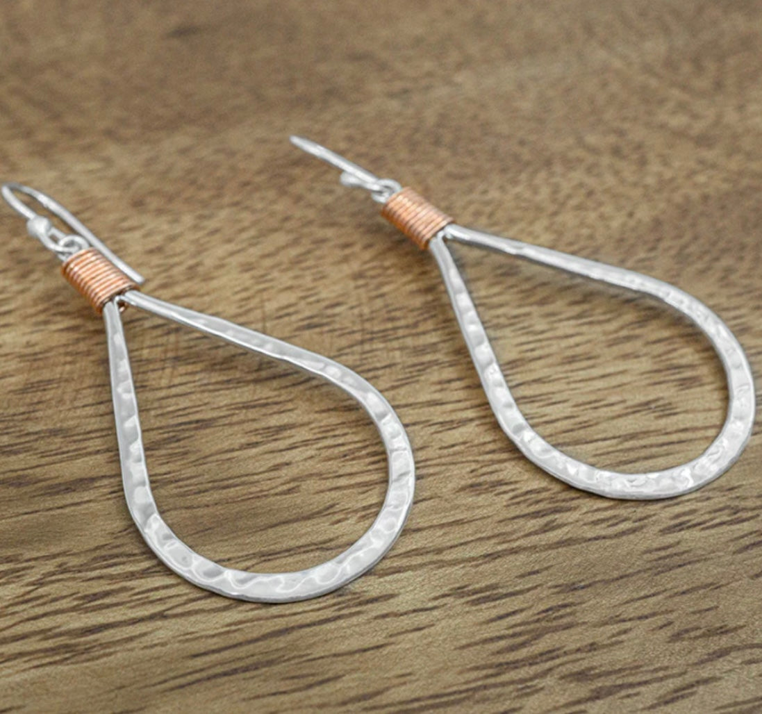Hammered Teardrop Earrings w/ Copper Wrap