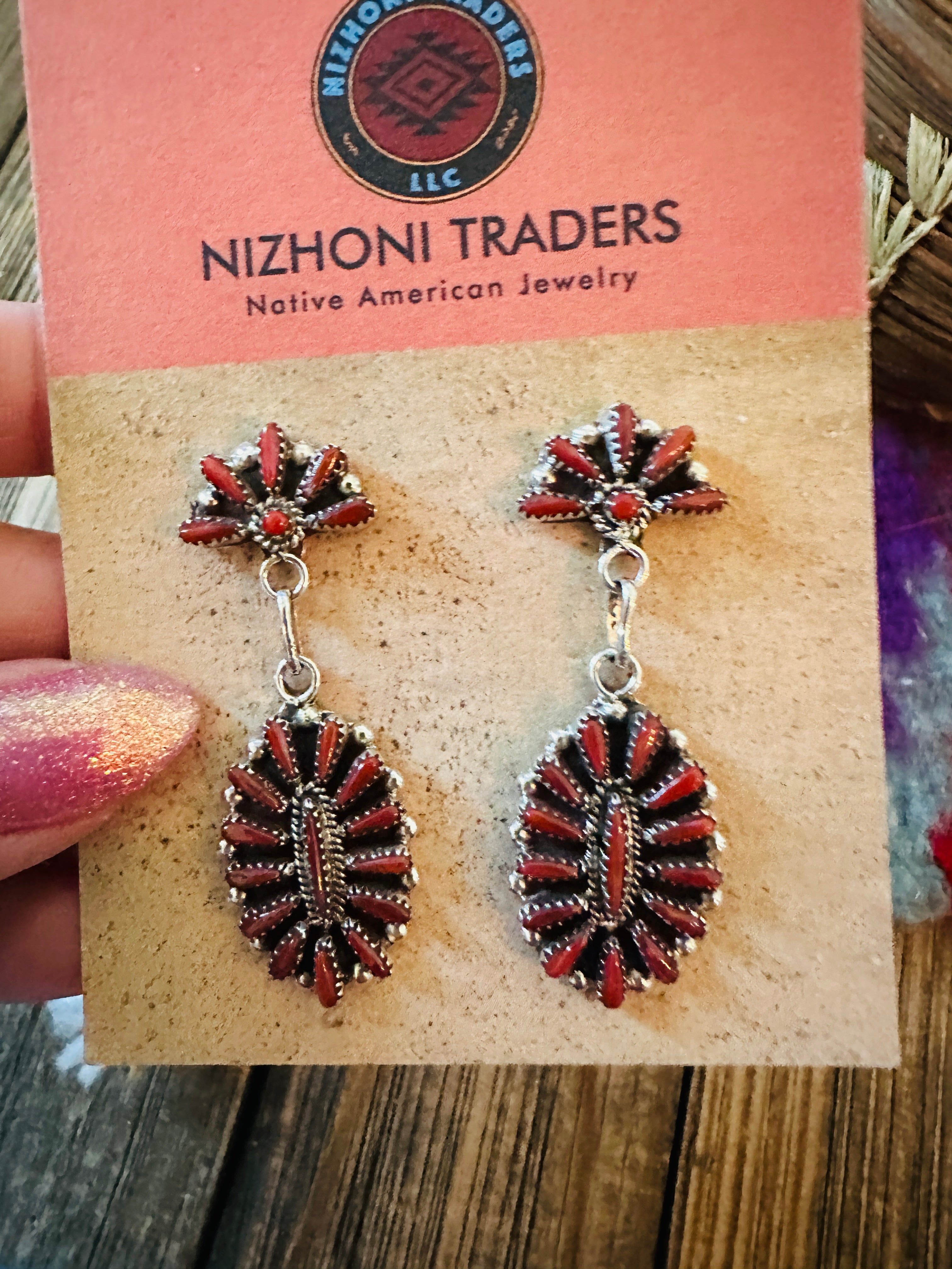 Handcrafted Coral & Sterling Silver Cluster Dangle Earrings