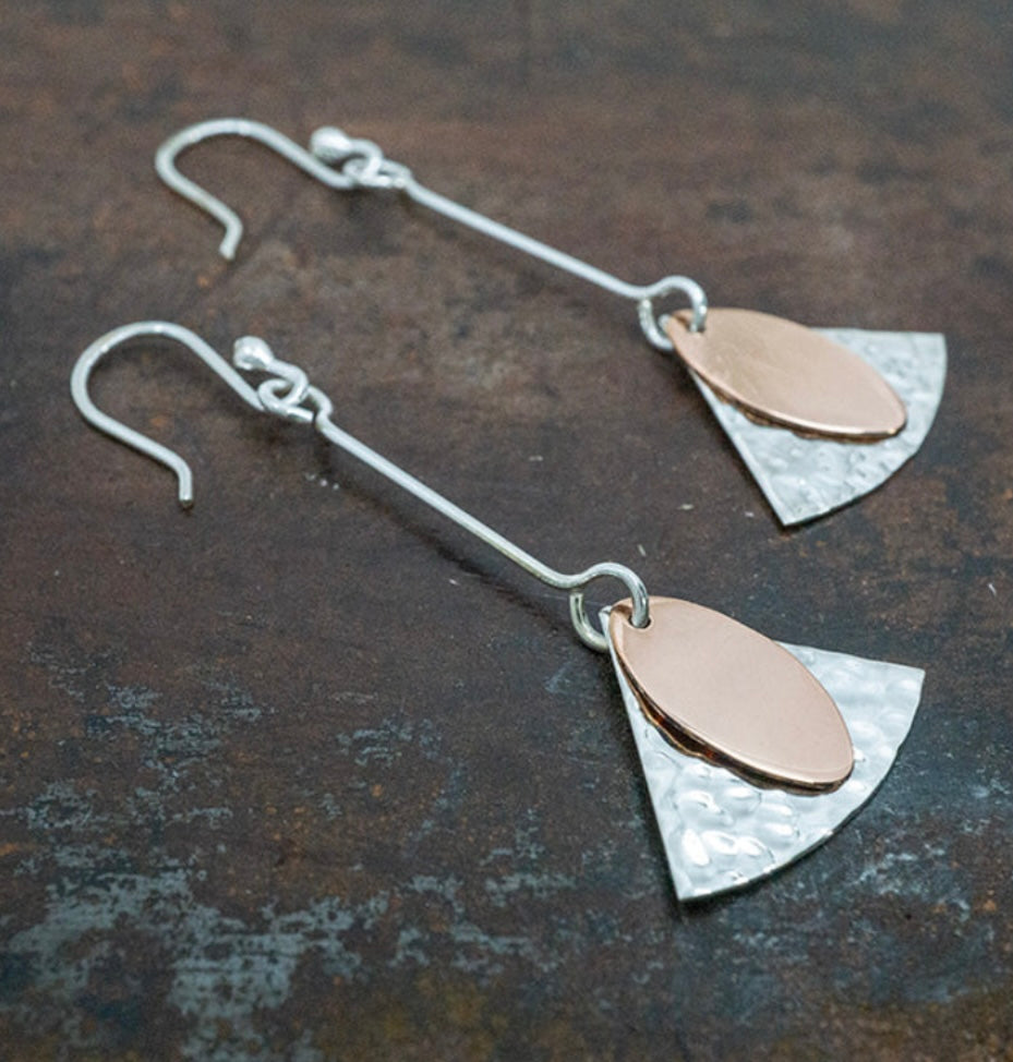 Hammered Copper & Silver Shapes Drop Earrings