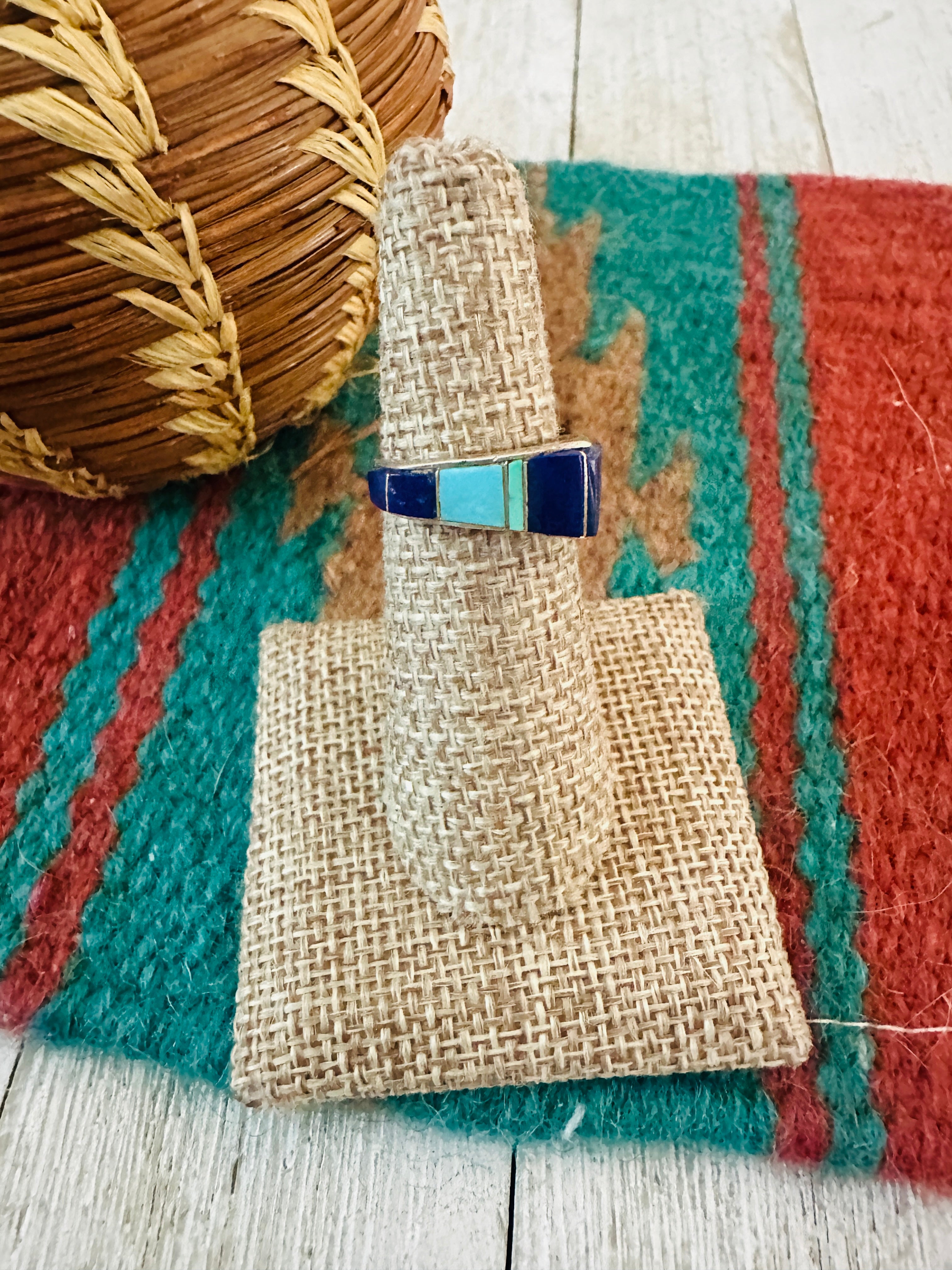 Handcrafted Old Pawn Sterling Silver, Lapis & Turquoise Inlay Band Ring Size 6