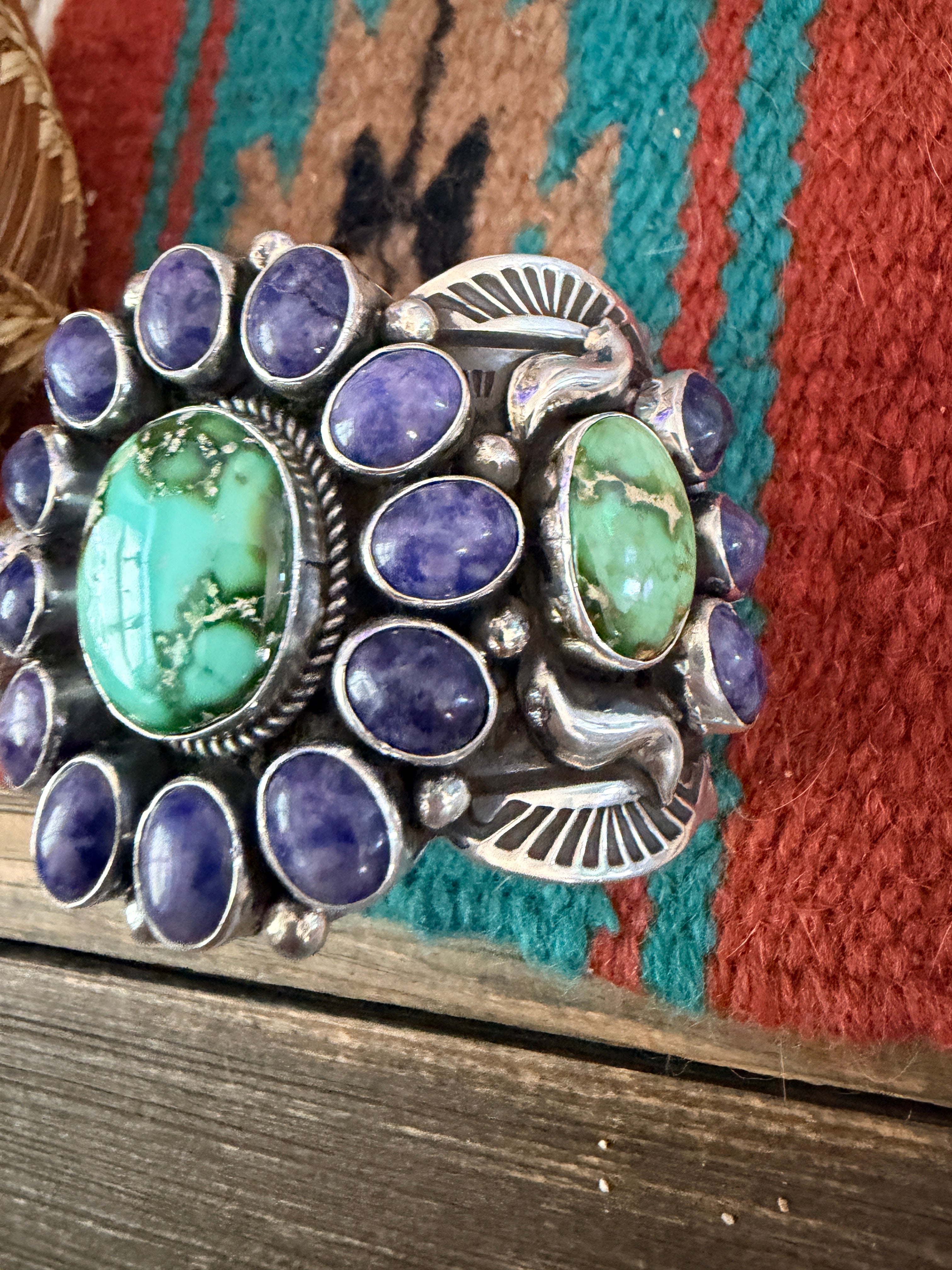 Handcrafted Sterling Silver, Charoite & Turquoise Cuff Bracelet by Albert Jake