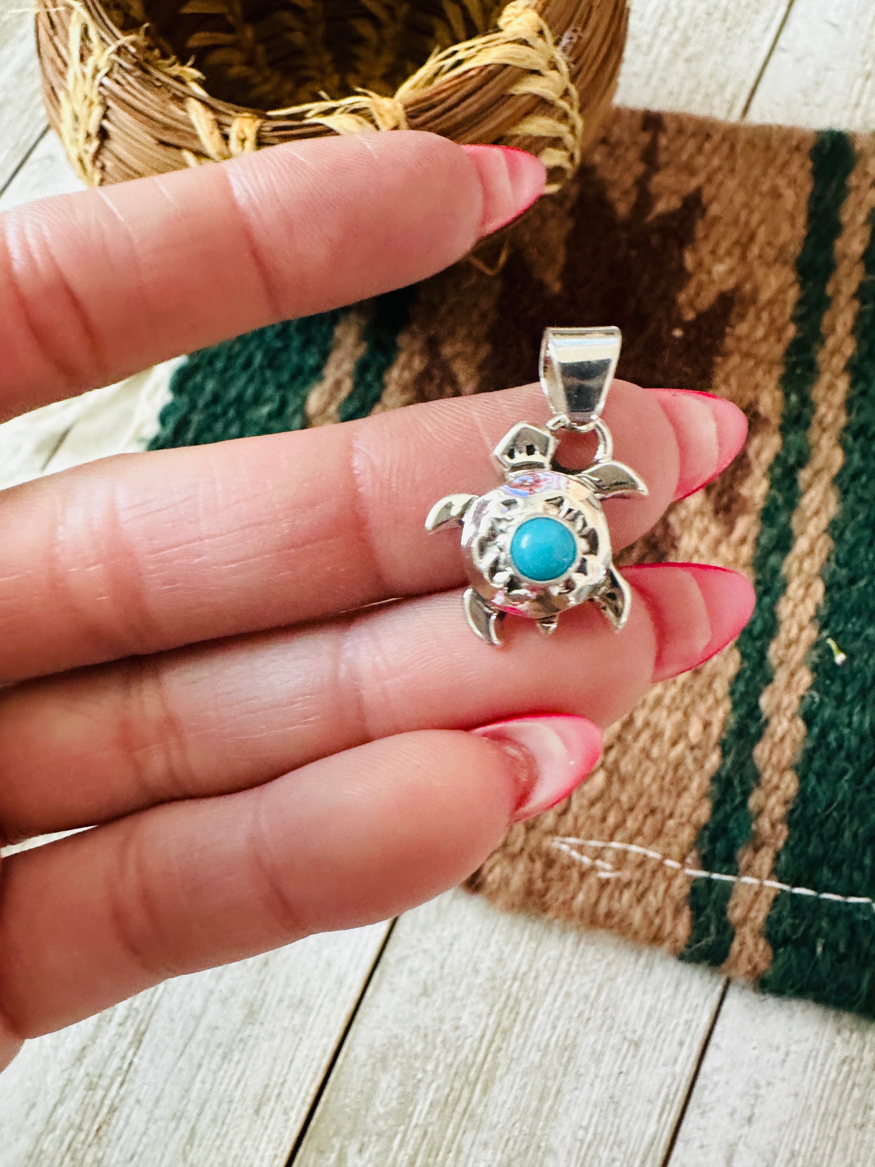 Handcrafted Turquoise & Sterling Silver Mini Turtle Pendant