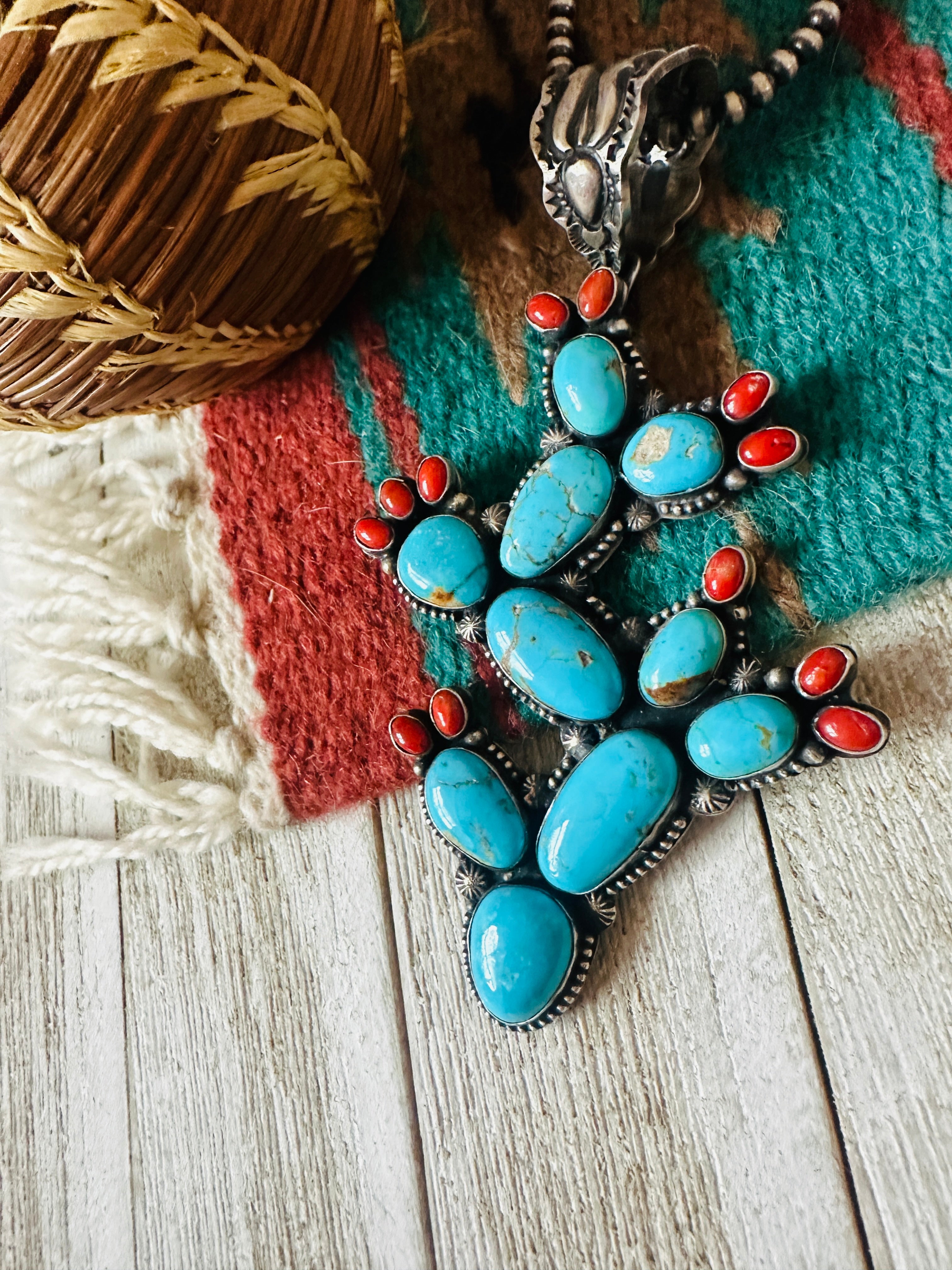 Handcrafted Sterling Silver, Turquoise & Coral Cactus Pendant by Shawn Cayatineto