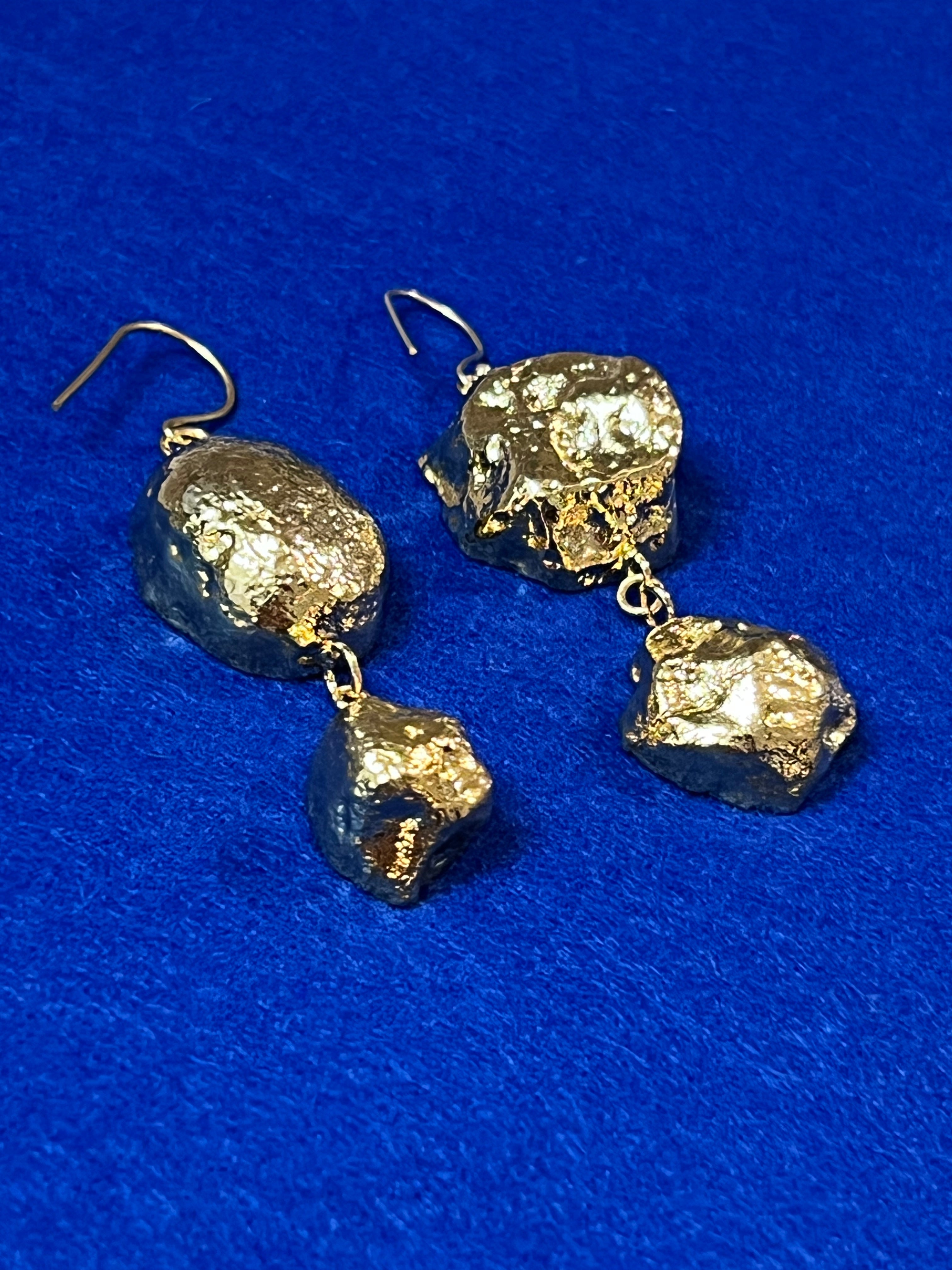 Handmade 14k Gold Druzy Plated Brass 2-Stone White Geode Dangle Wire Earrings