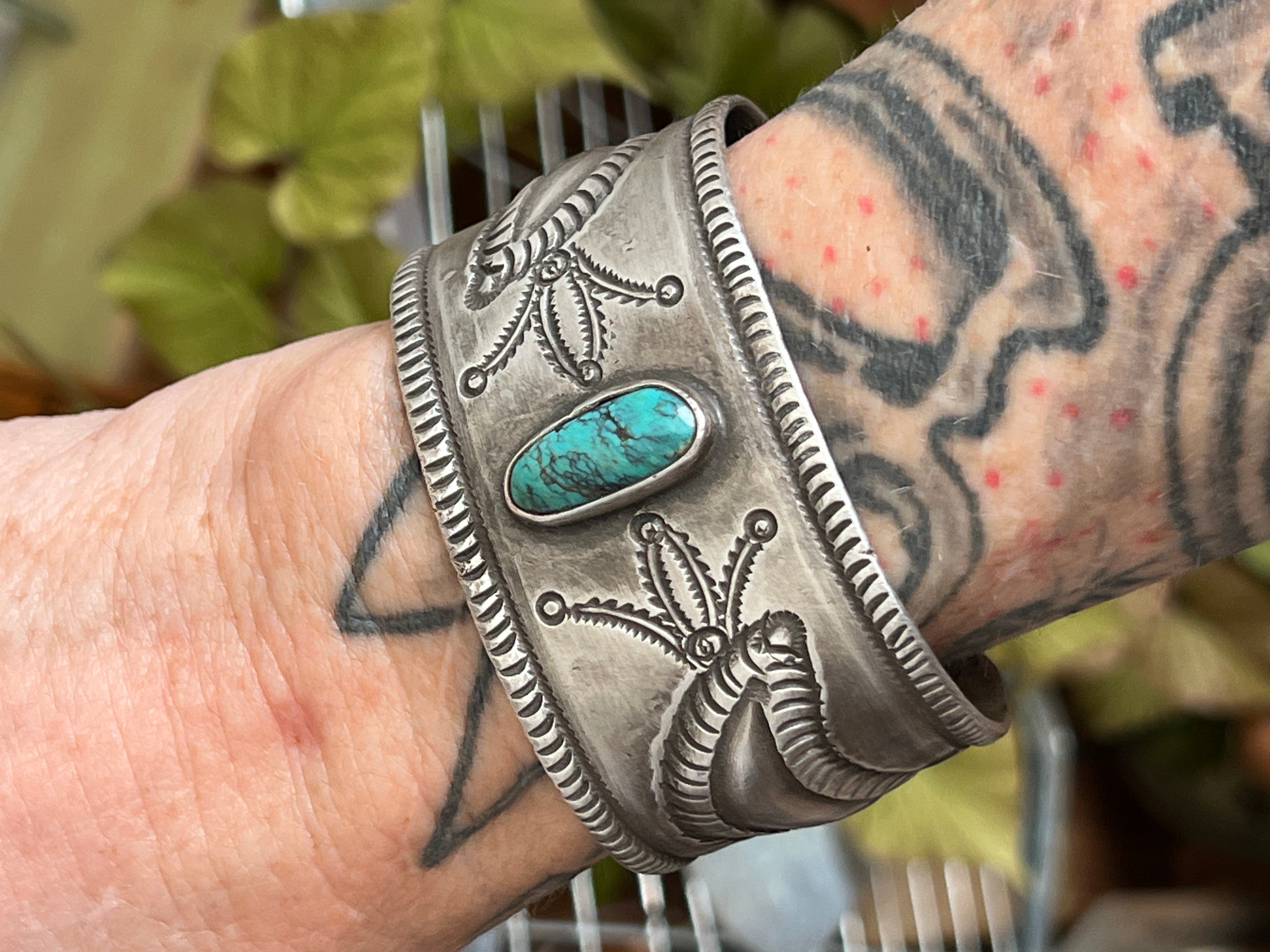 Hand Forged Old Pawn Sterling Silver & Turquoise Ingot Cuff Bracelet by Santa Fe Artist, Buffalo, The Harvest
