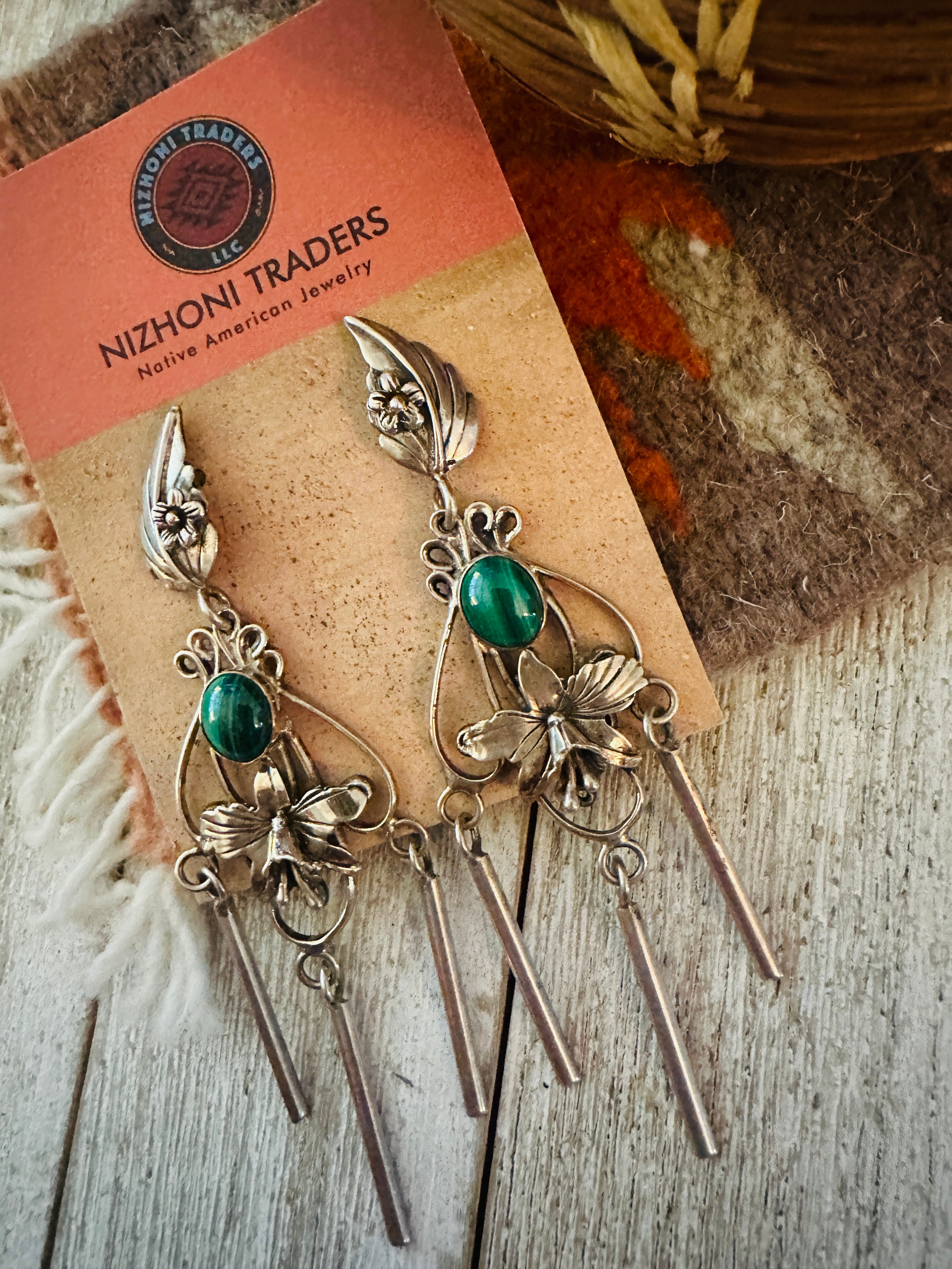 Handcrafted Malachite & Sterling Silver Flower Dangle Earrings