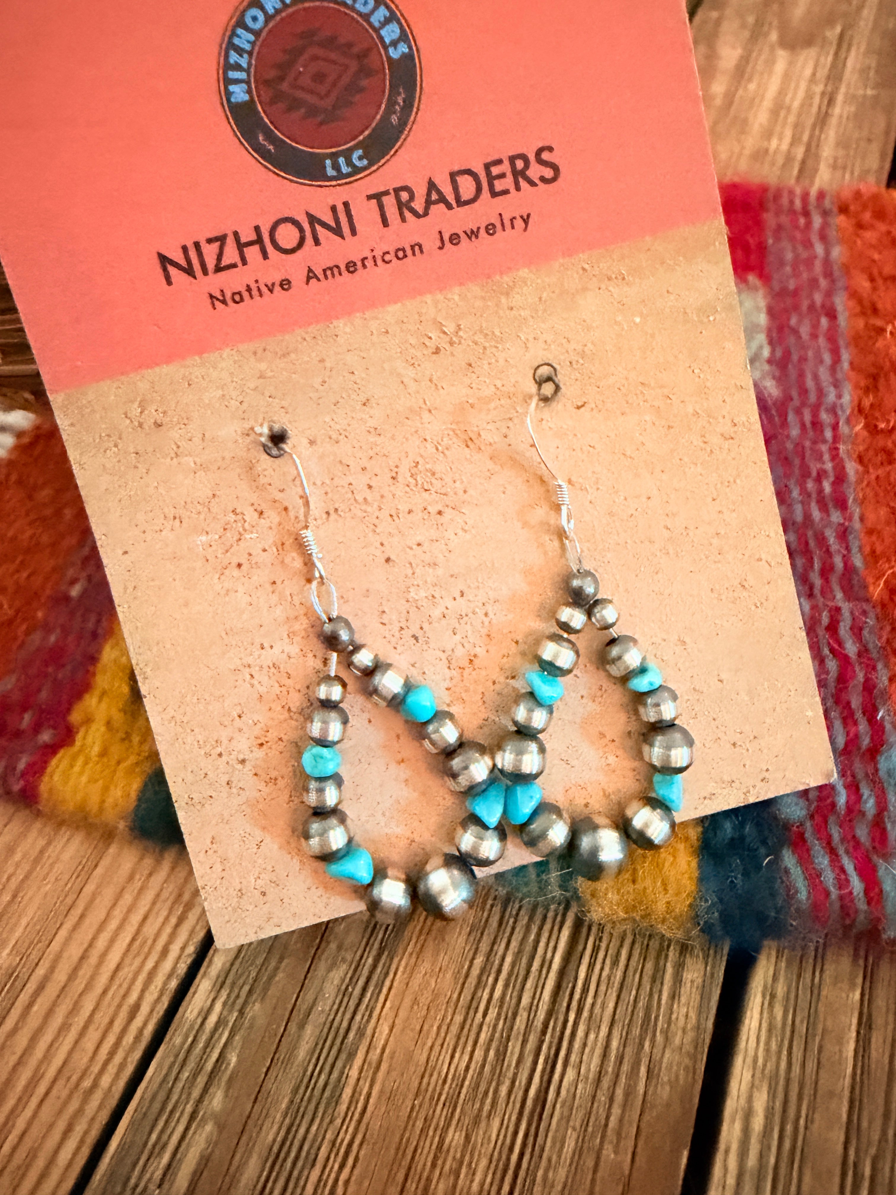 Handcrafted Turquoise & Sterling Silver Pearl Beaded Dangle Hoop Earrings