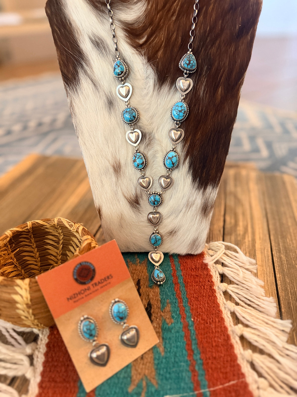 Handcrafted Turquoise & Sterling Silver Heart Necklace and Earring Set by Larry Kaye