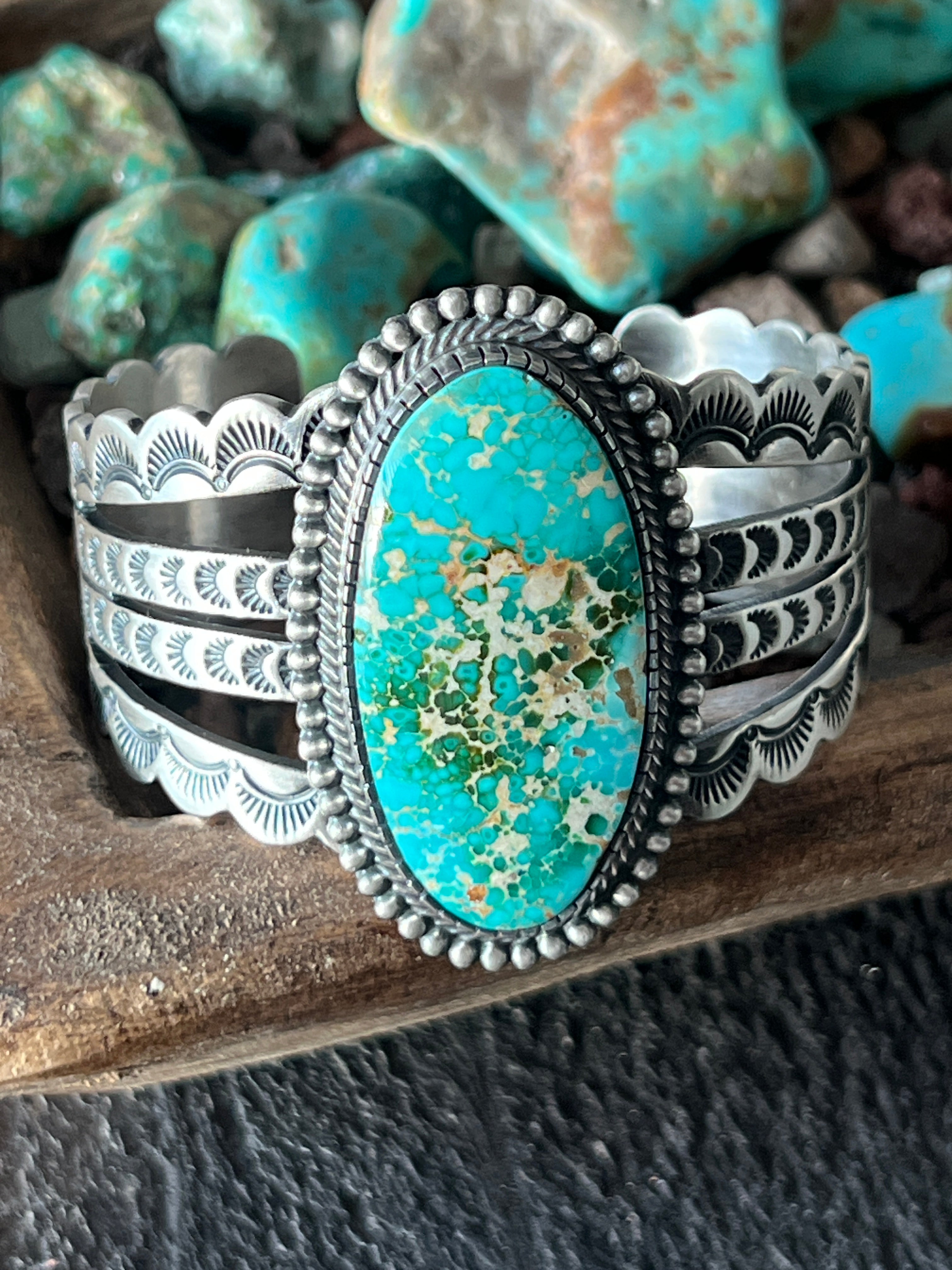 Handcrafted and Hand Stamped Sterling Silver and Royston Turquoise Cuff Bracelet by Diane Wylie