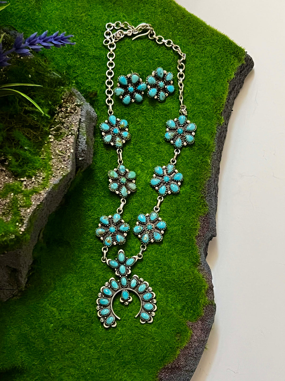 Handmade Turquoise Cluster Lariat Naja Sterling Silver Necklace & Turquoise Cluster Stud Earrings