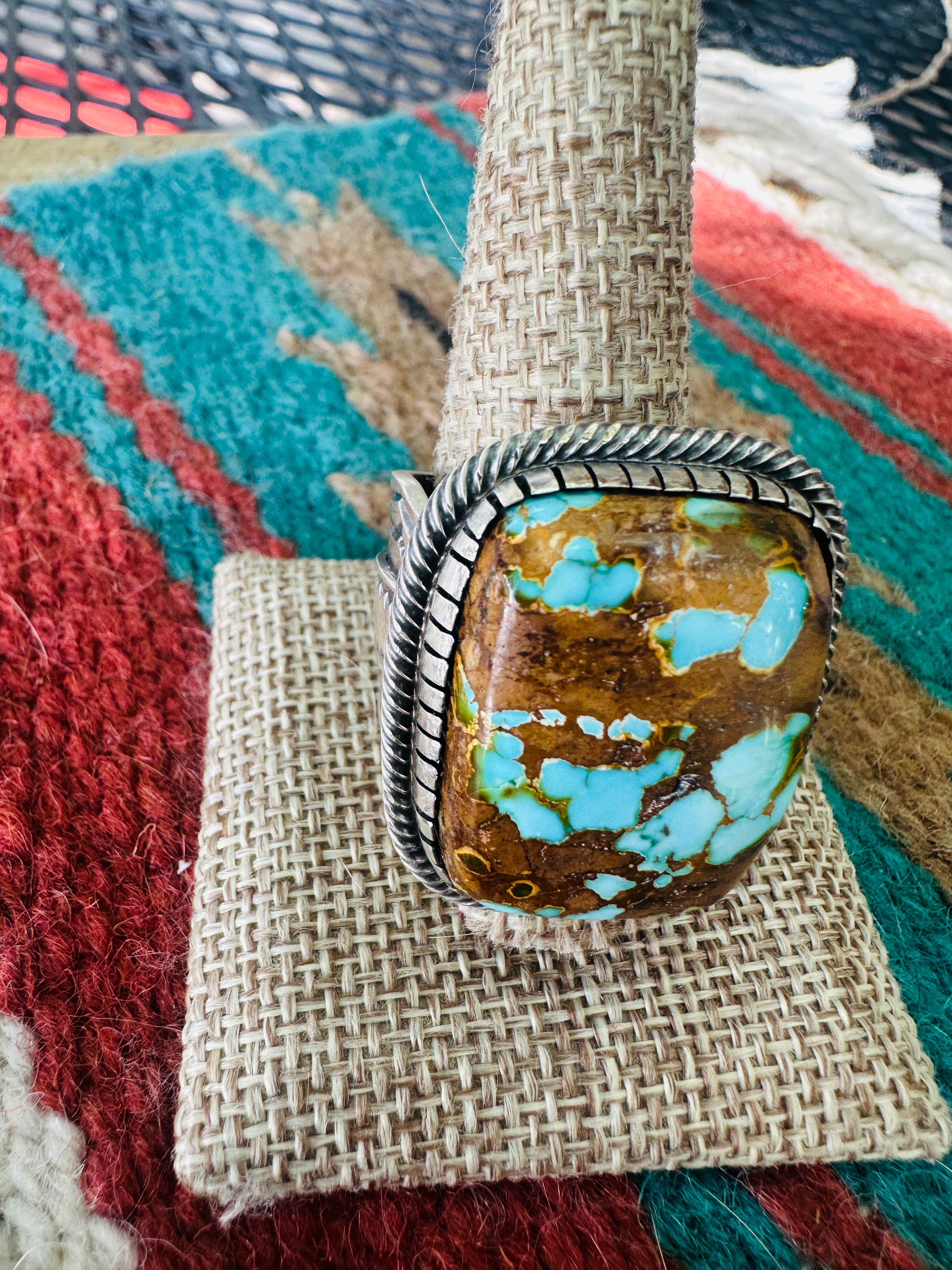 Handcrafted Sterling Silver & Number 8 Turquoise Ring Size 12.5