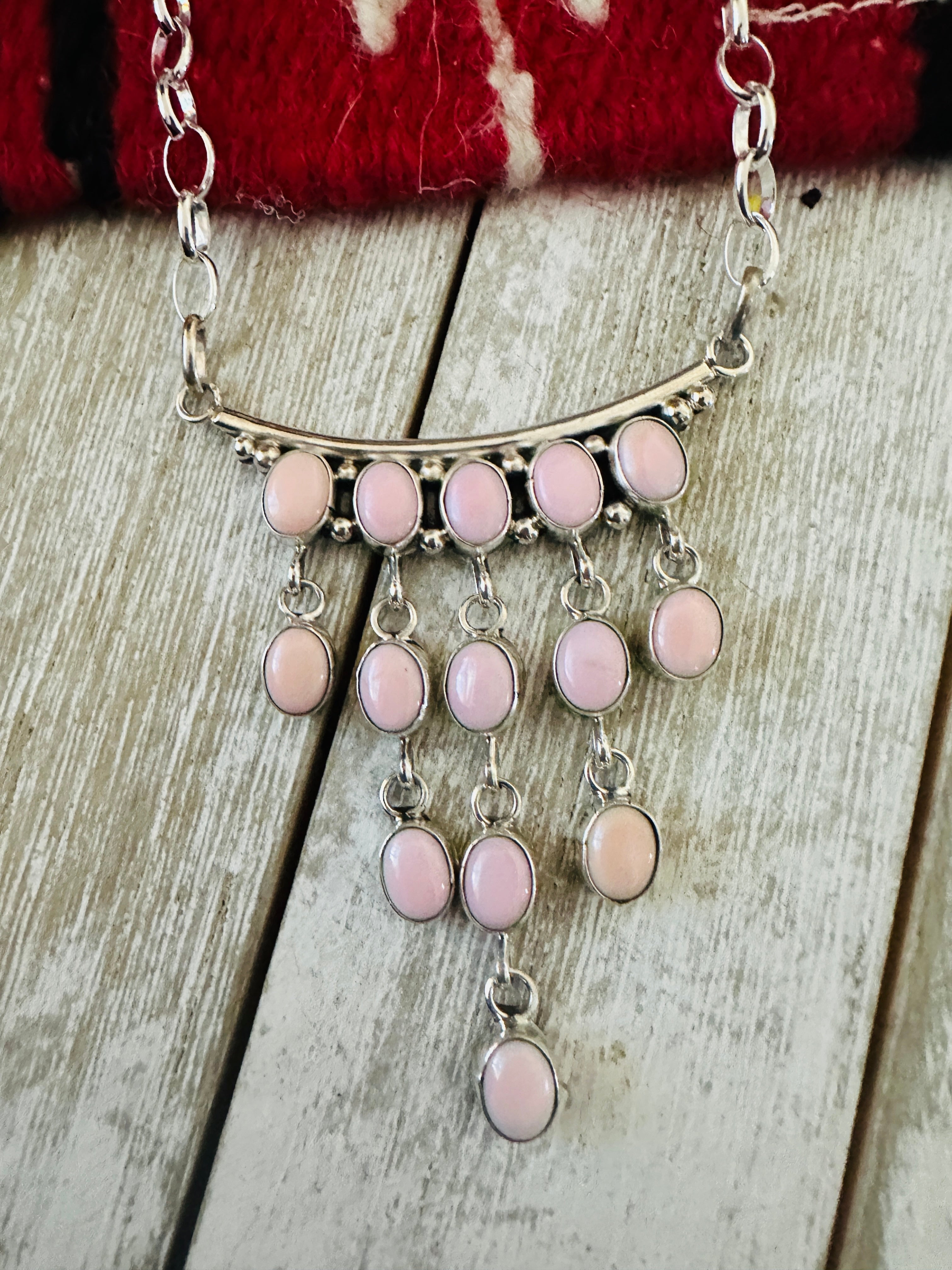 Handcrafted Queen Pink Conch & Sterling Silver Chandelier Necklace Set