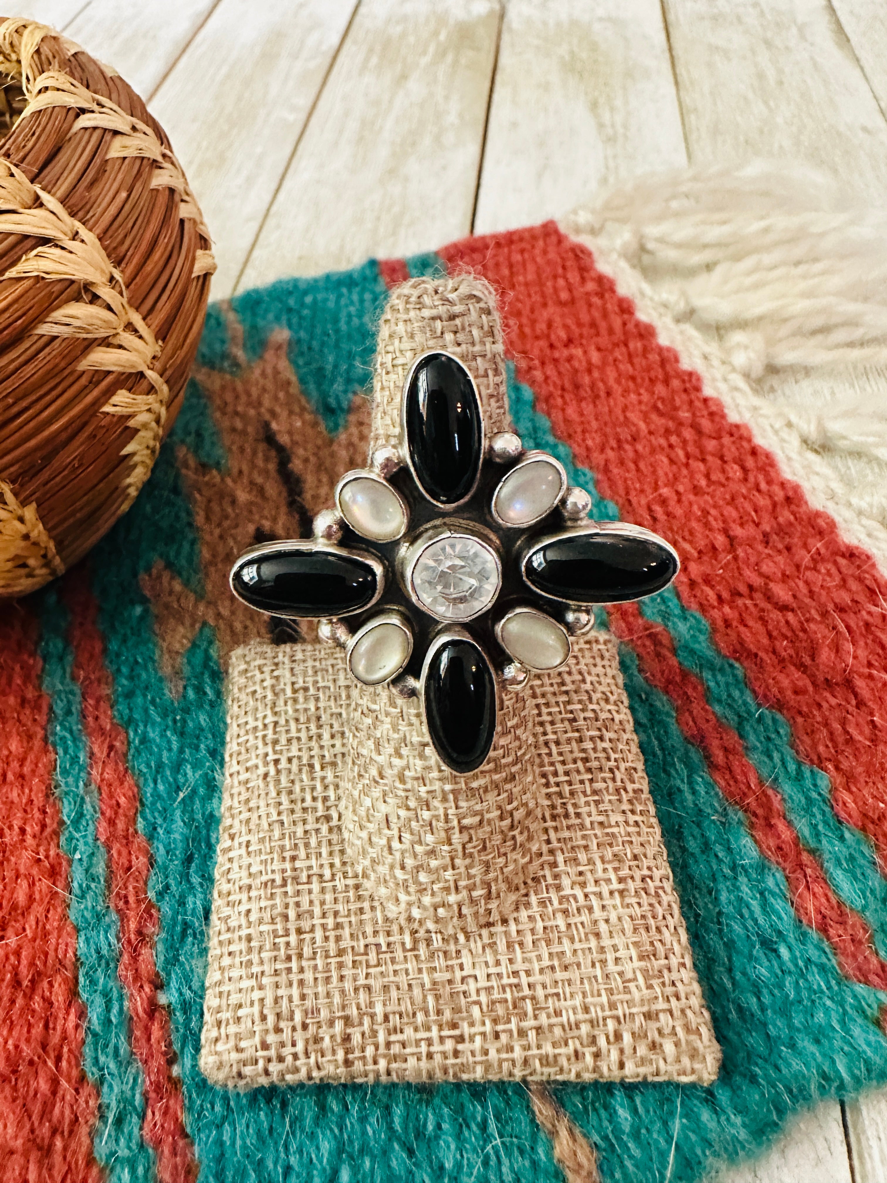 Handcrafted Mother of Pearl, Onyx & Sterling Silver Adjustable Ring by Jacqueline Silver
