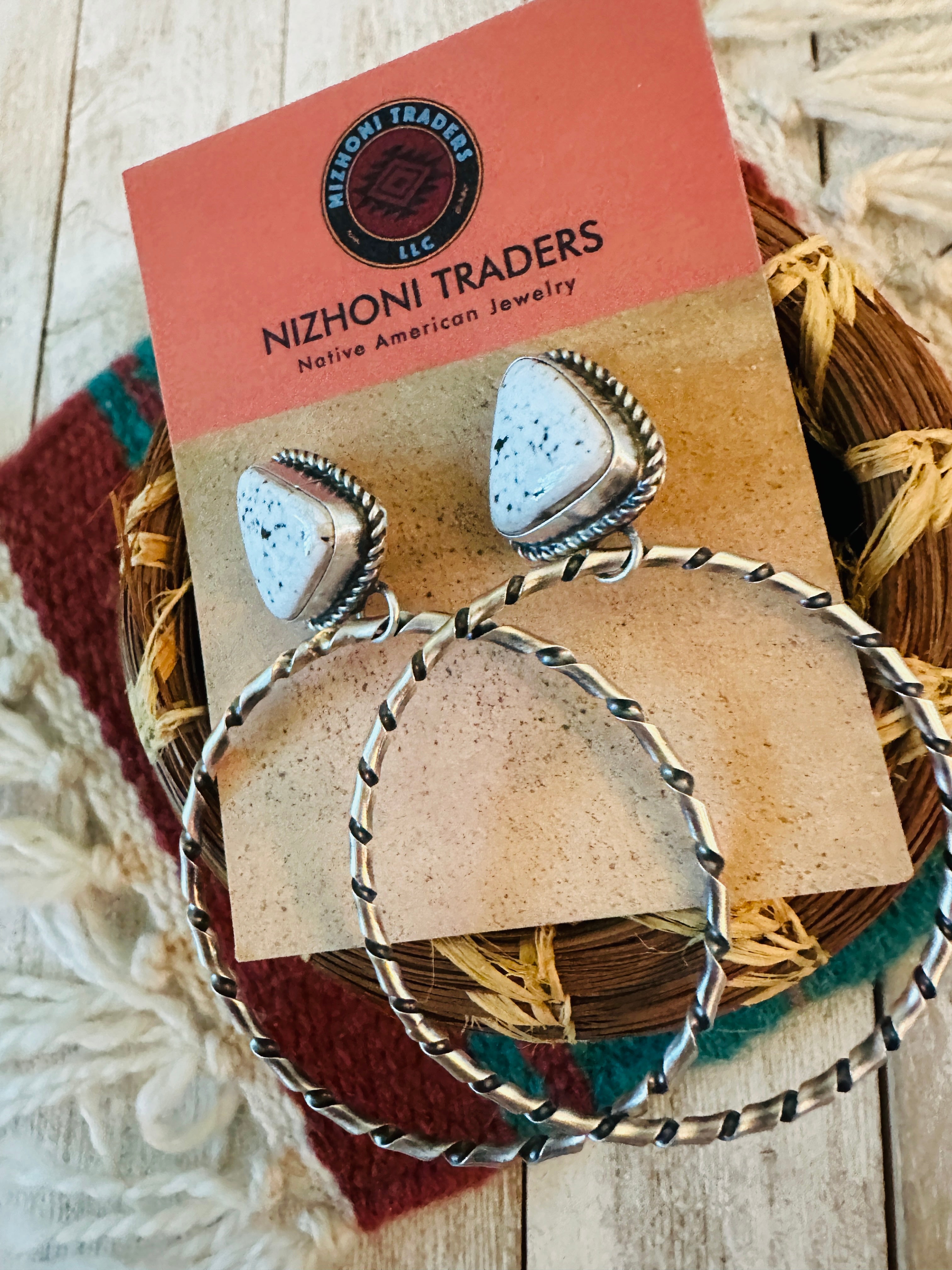 Navajo White Buffalo and Sterling Silver Dangle Hoop Earrings