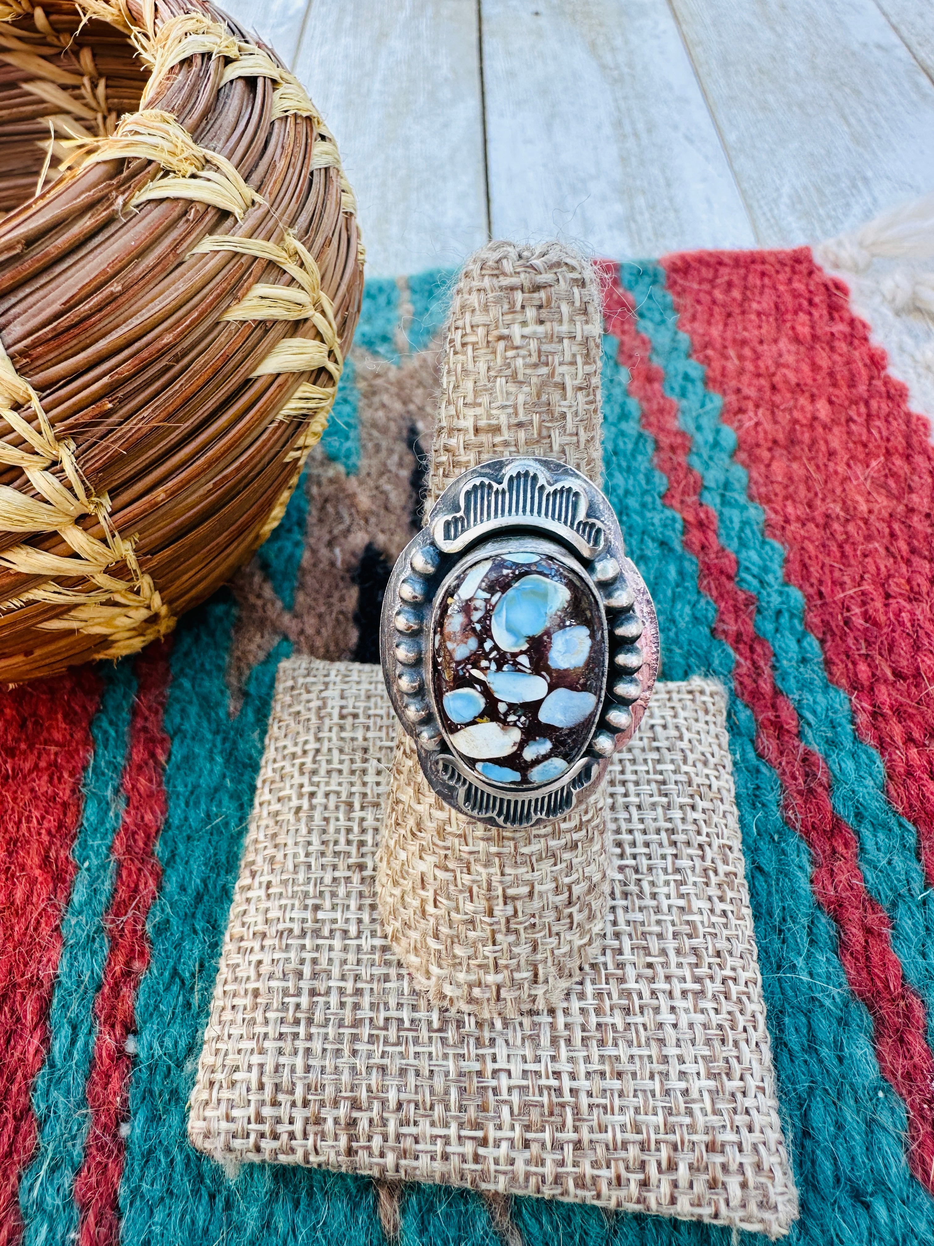 Handcrafted Golden Hills Turquoise & Sterling Silver Ring Size 7.75