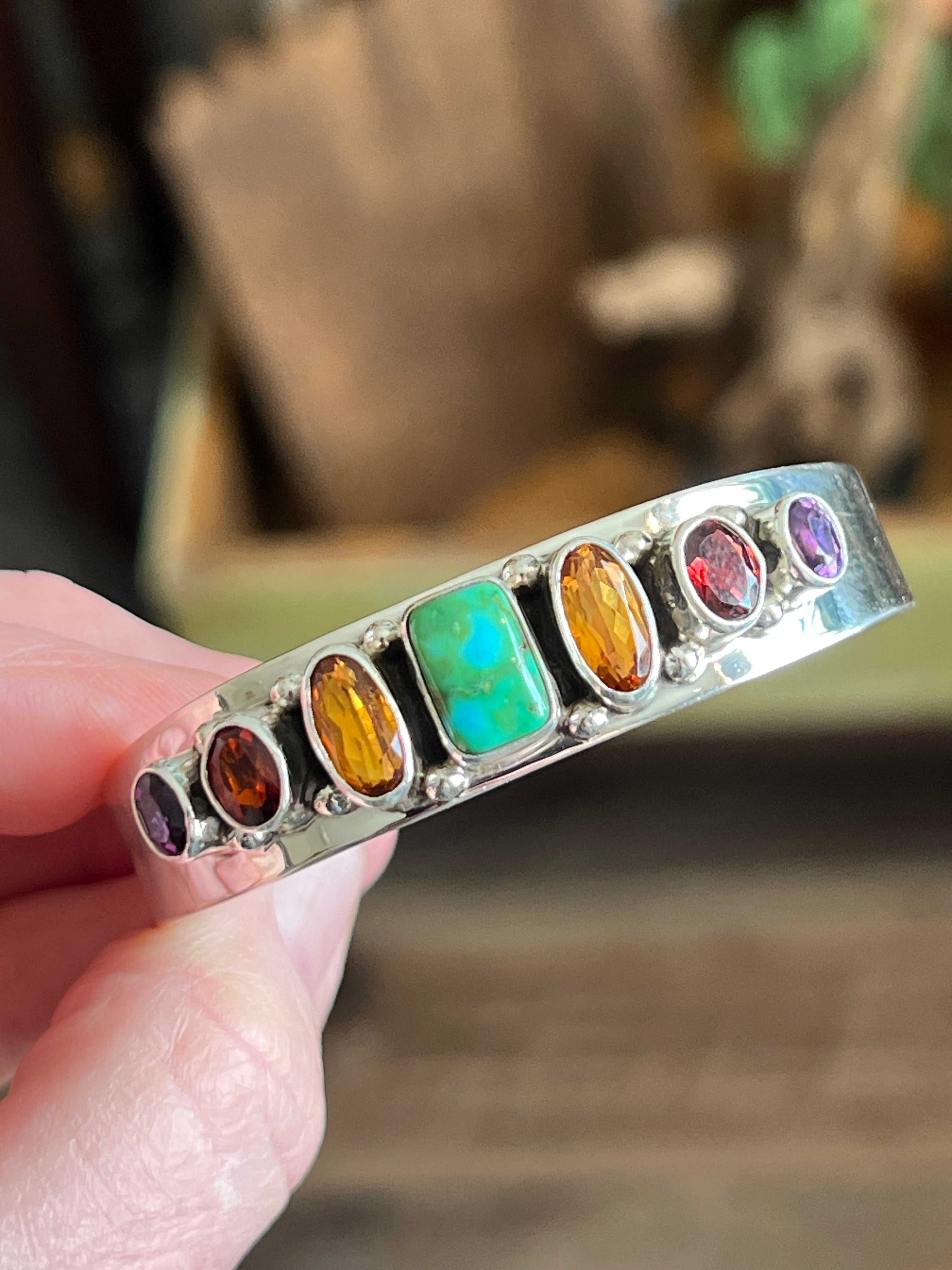 Handcrafted Sterling Silver Gems & Jewels Stacker Cuff Bracelet by Lucy Jake, Wider