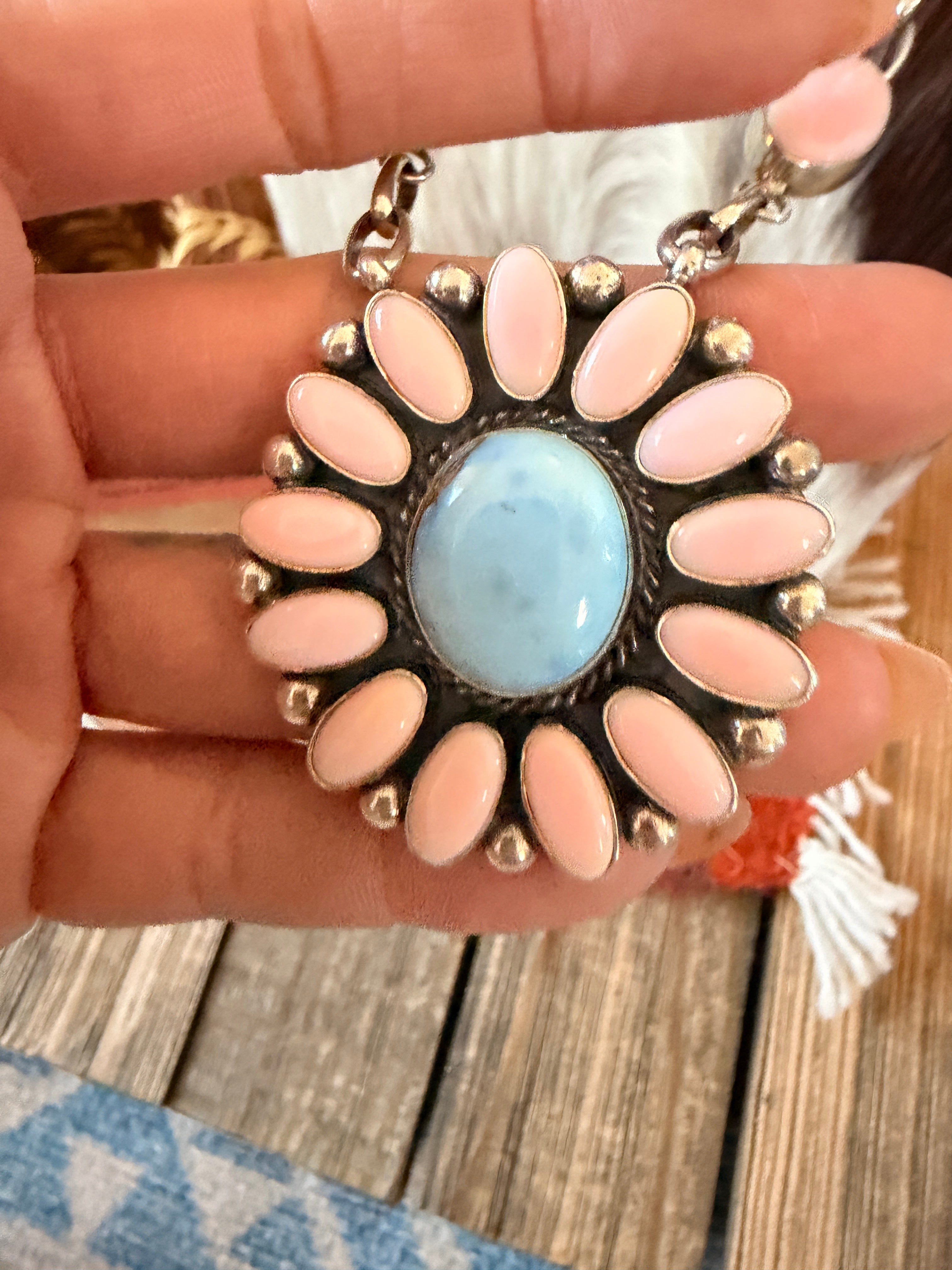 Handcrafted Queen Pink Conch, Turquoise & Sterling Silver Cluster Necklace Set