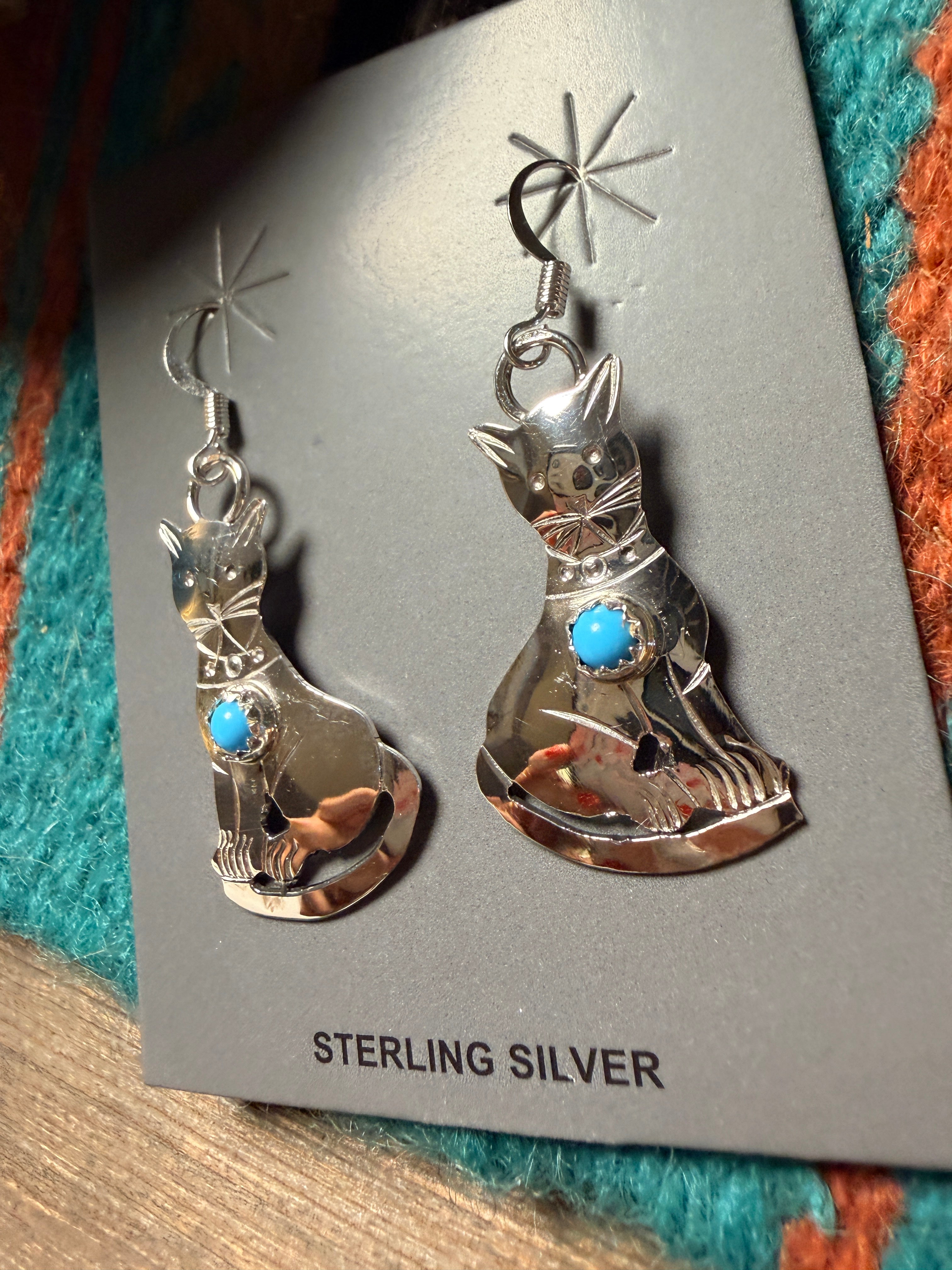 Handcrafted Turquoise & Sterling Silver Cat Dangle Earrings Signed