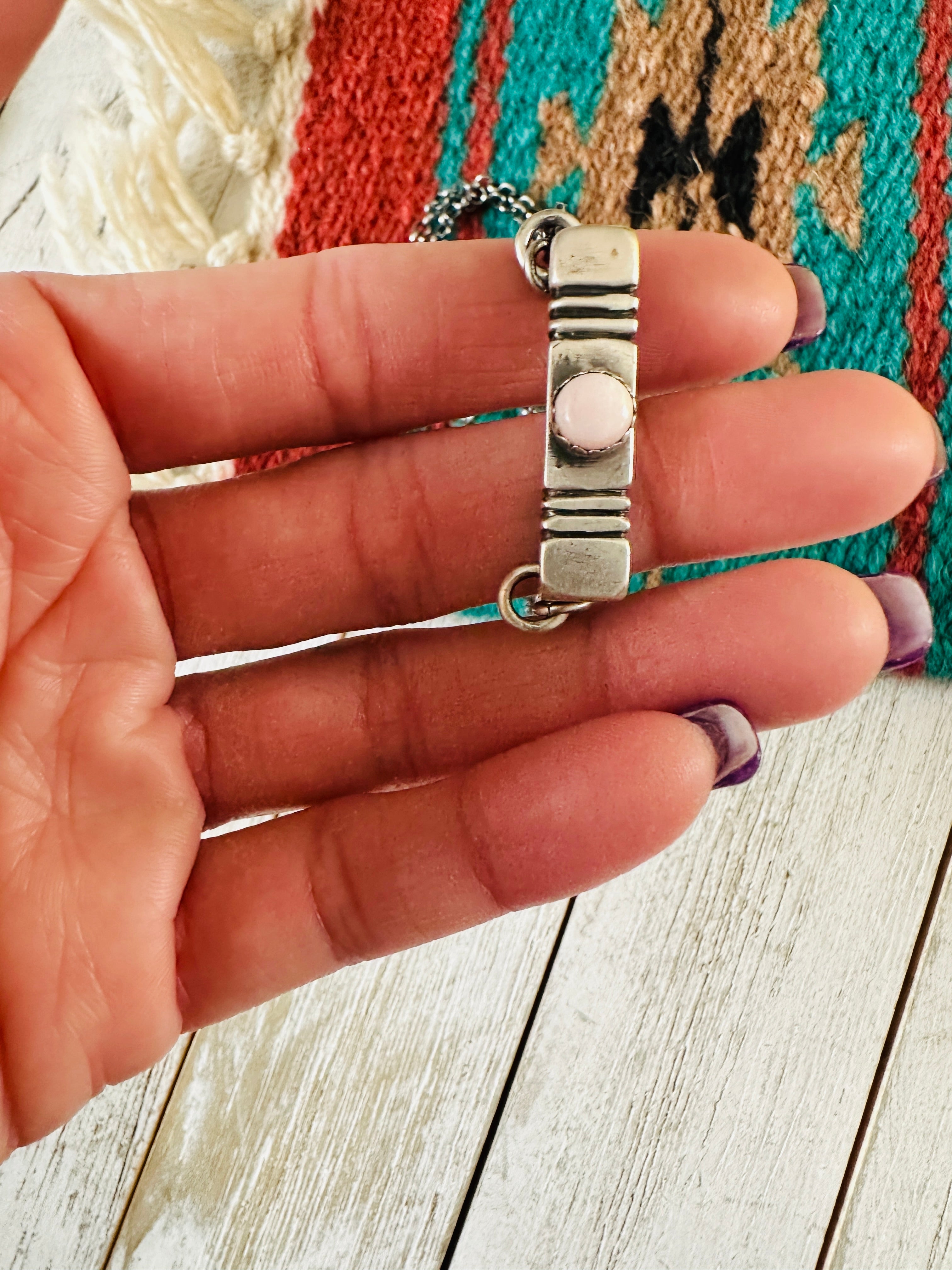 Handcrafted Sterling Silver & Queen Pink Conch Bar Necklace by Russell Sam