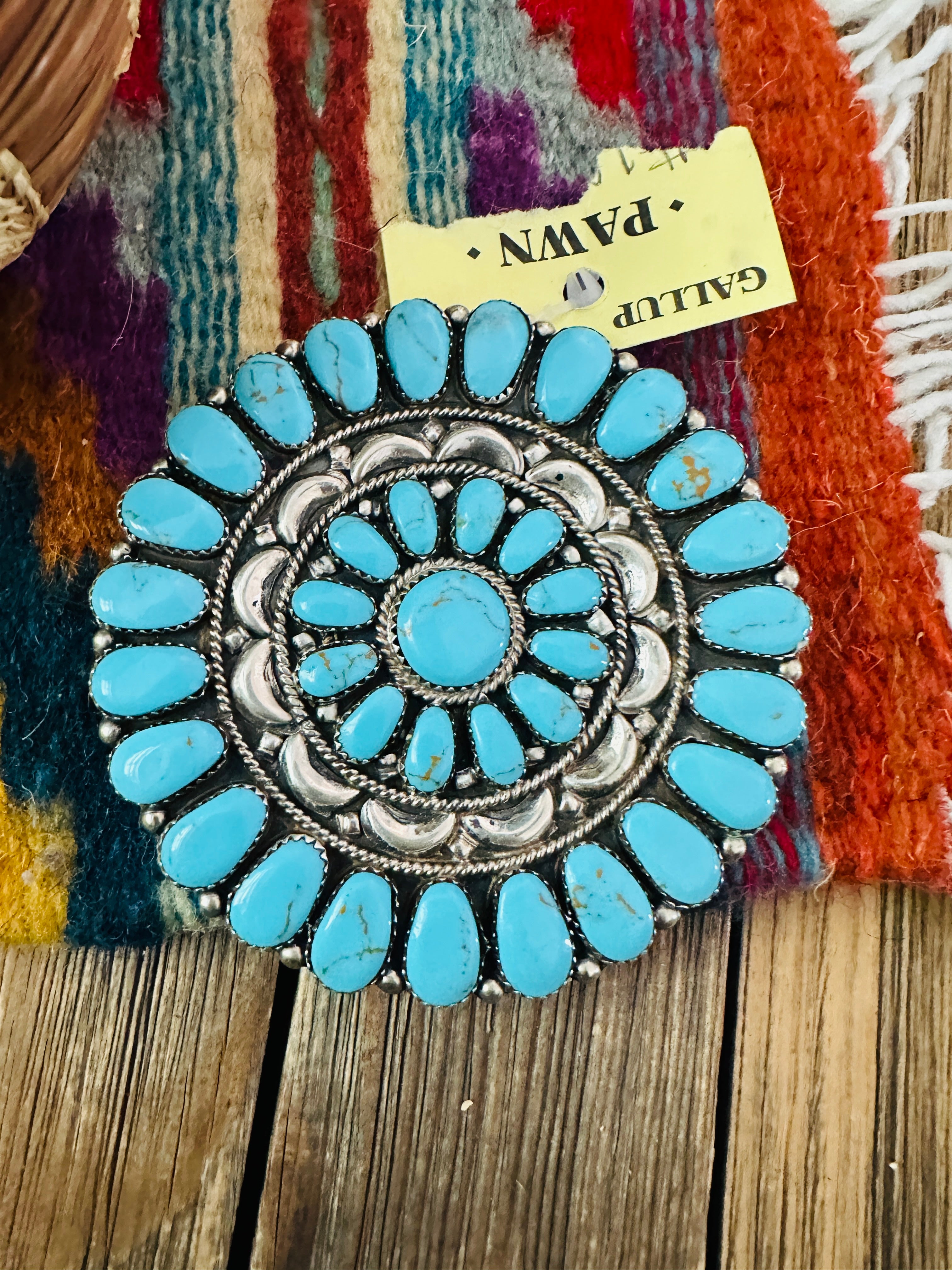 Old Pawn Handcrafted Turquoise and Sterling Silver Cluster Brooch/ Pendant