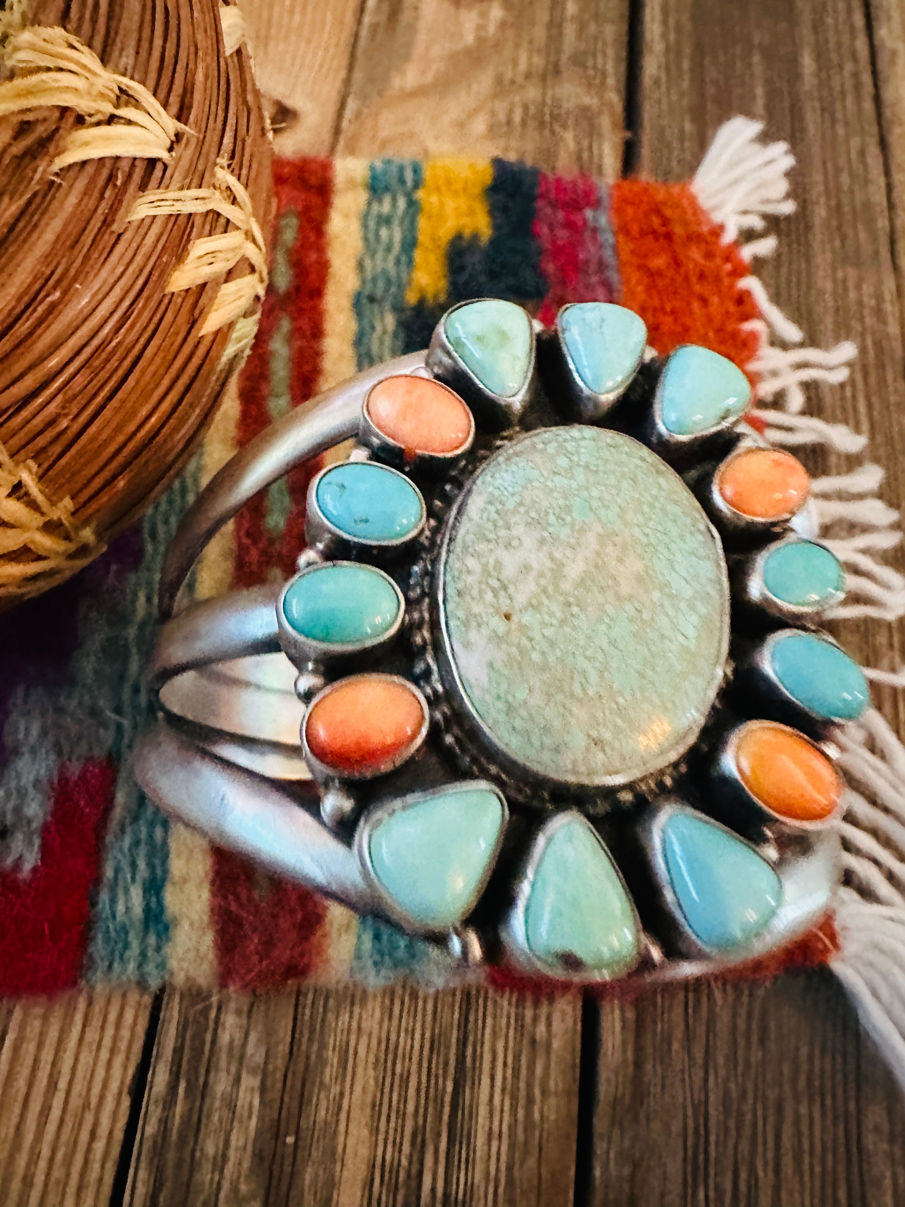 Handcrafted Dry Creek Turquoise, Orange Spiny & Sterling Silver Cuff Bracelet by Sheila Becenti