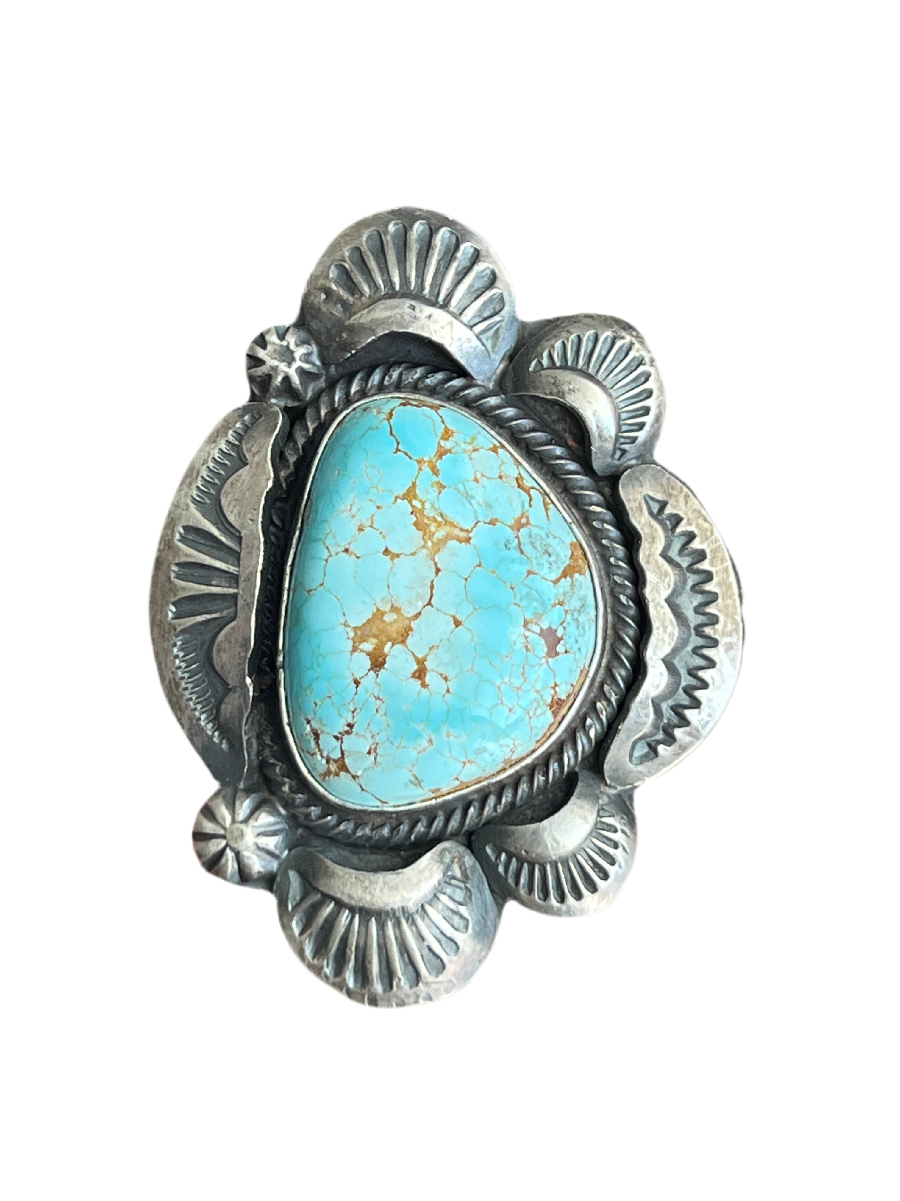 Handcrafted Sterling Silver and Number 8 Turquoise Ring by Artist, Gilbert Tom, Size 10.5