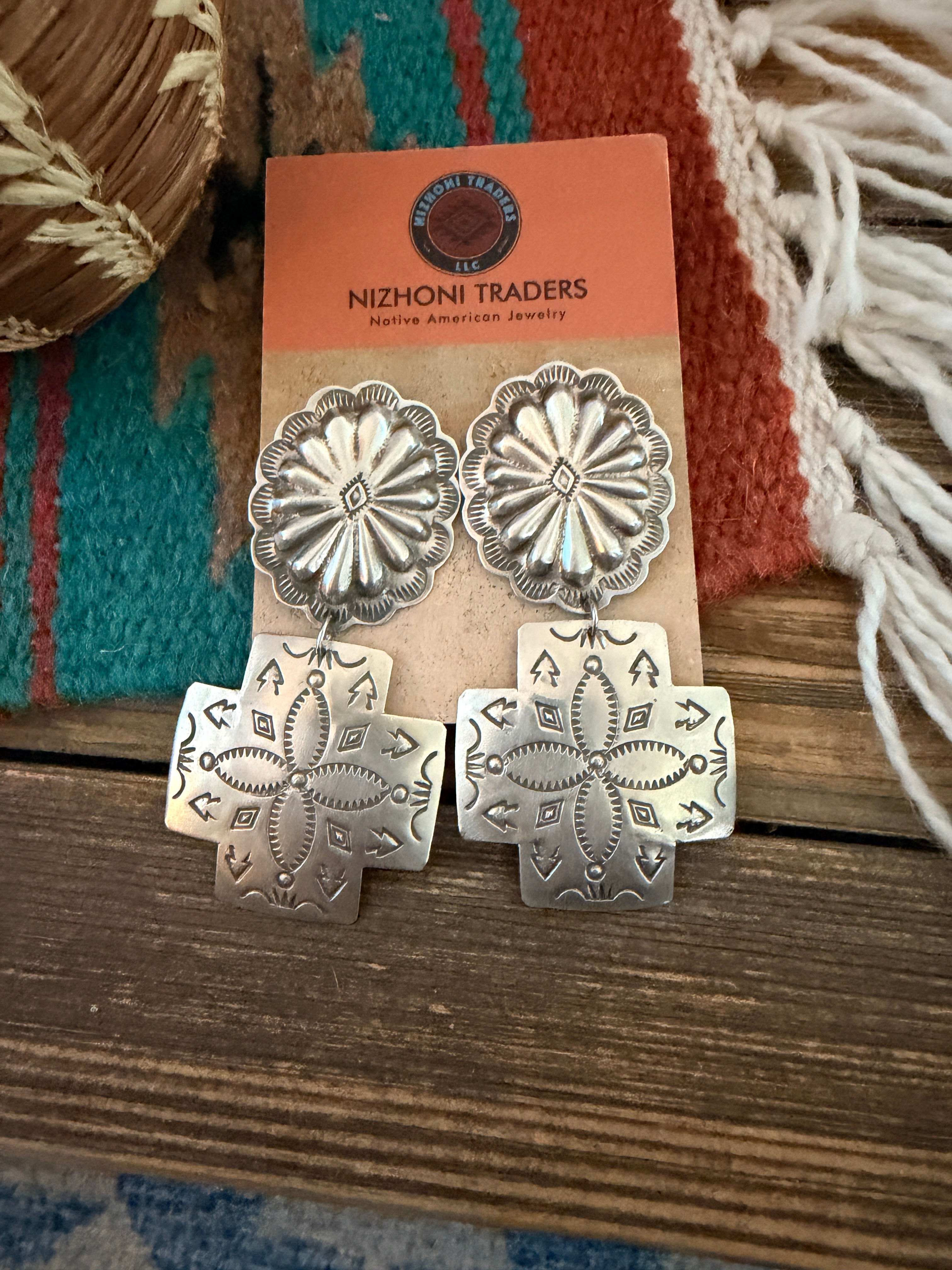 Handcrafted Sterling Silver Concho Cross Dangle Earrings