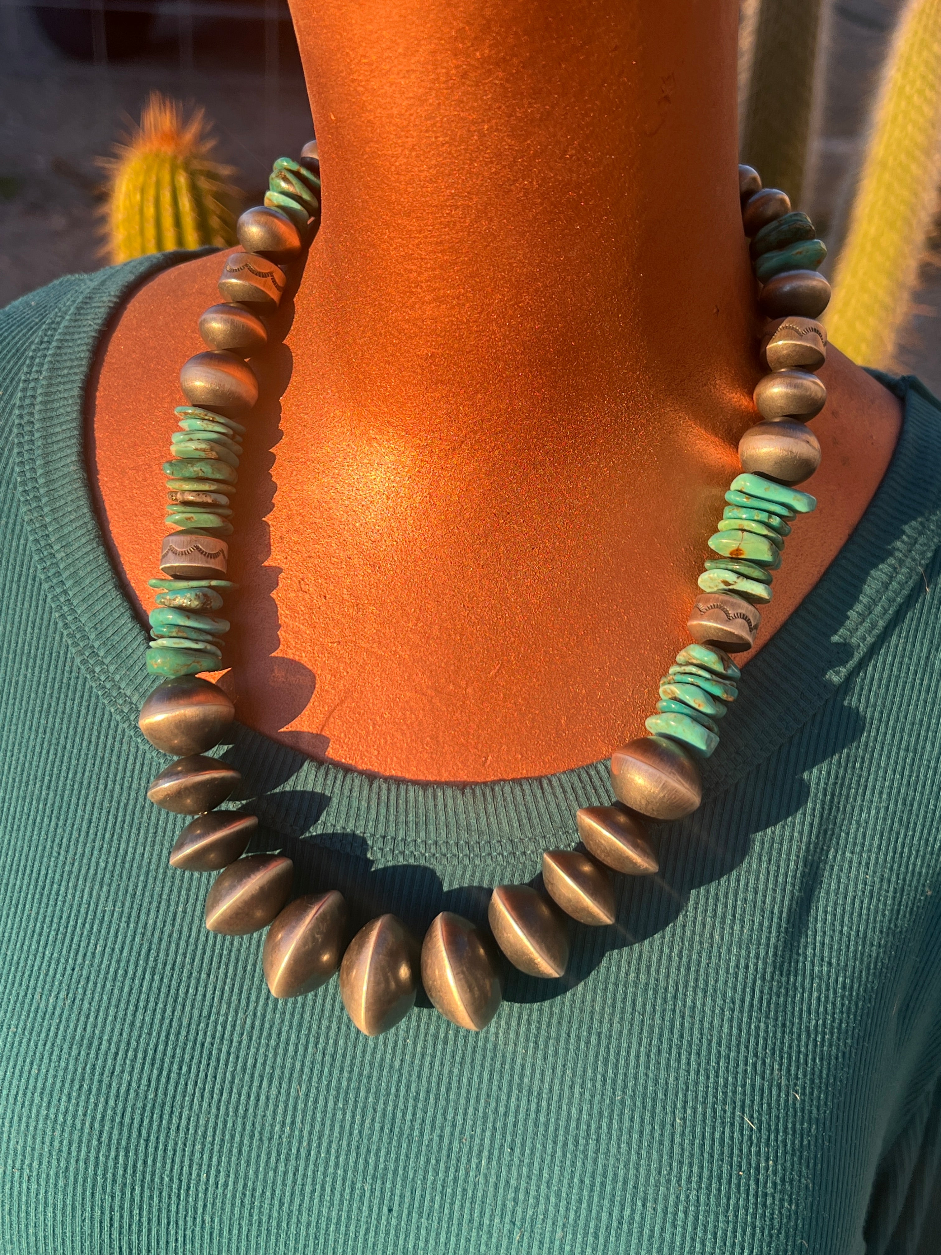 Handcrafted Chunky Sterling Silver and Kingman Turquoise Beaded Necklace by Rose Martin, 21 inches