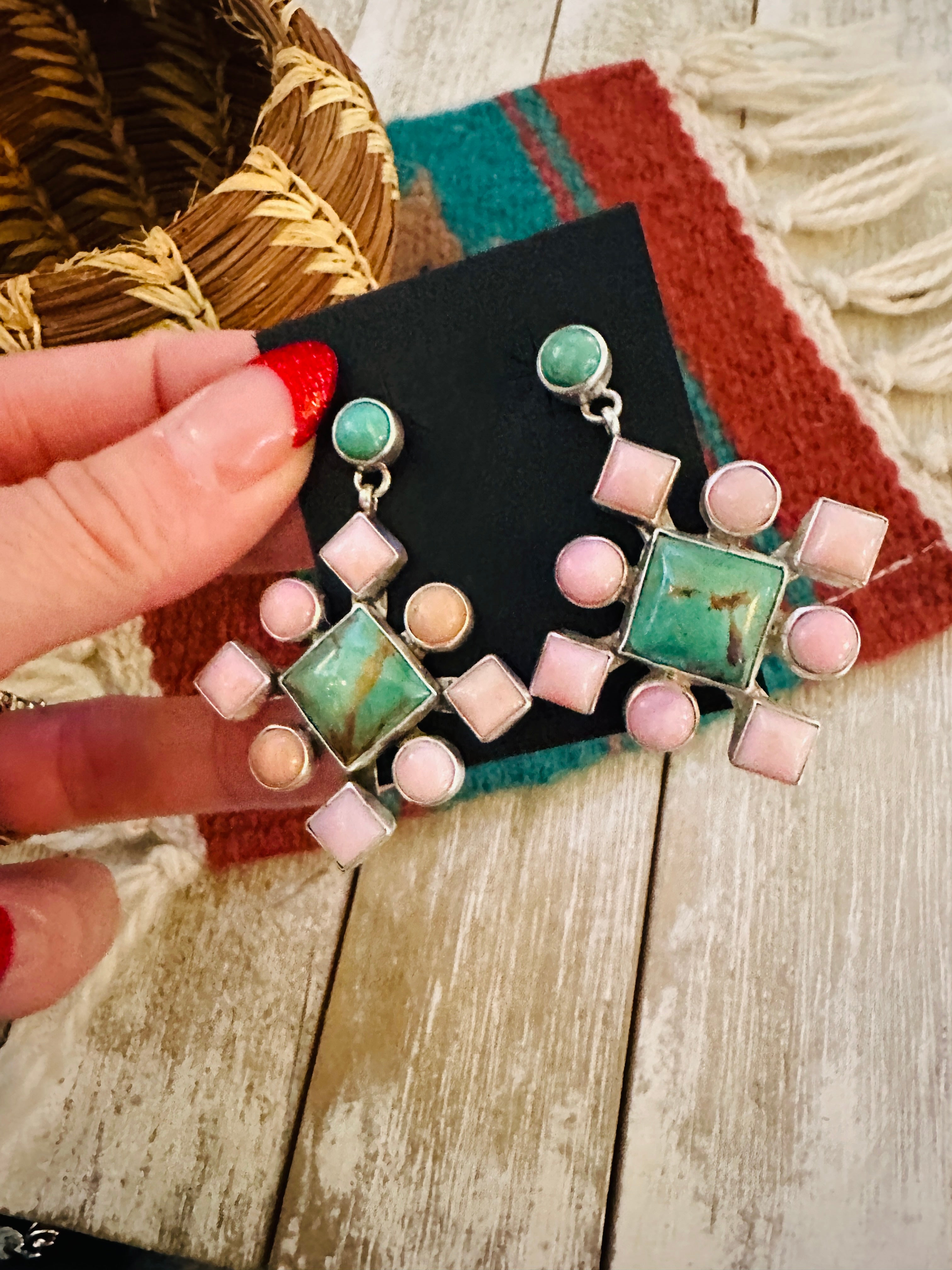 Handcrafted Queen Pink Conch, Turquoise & Sterling Silver Cluster Dangle Earrings