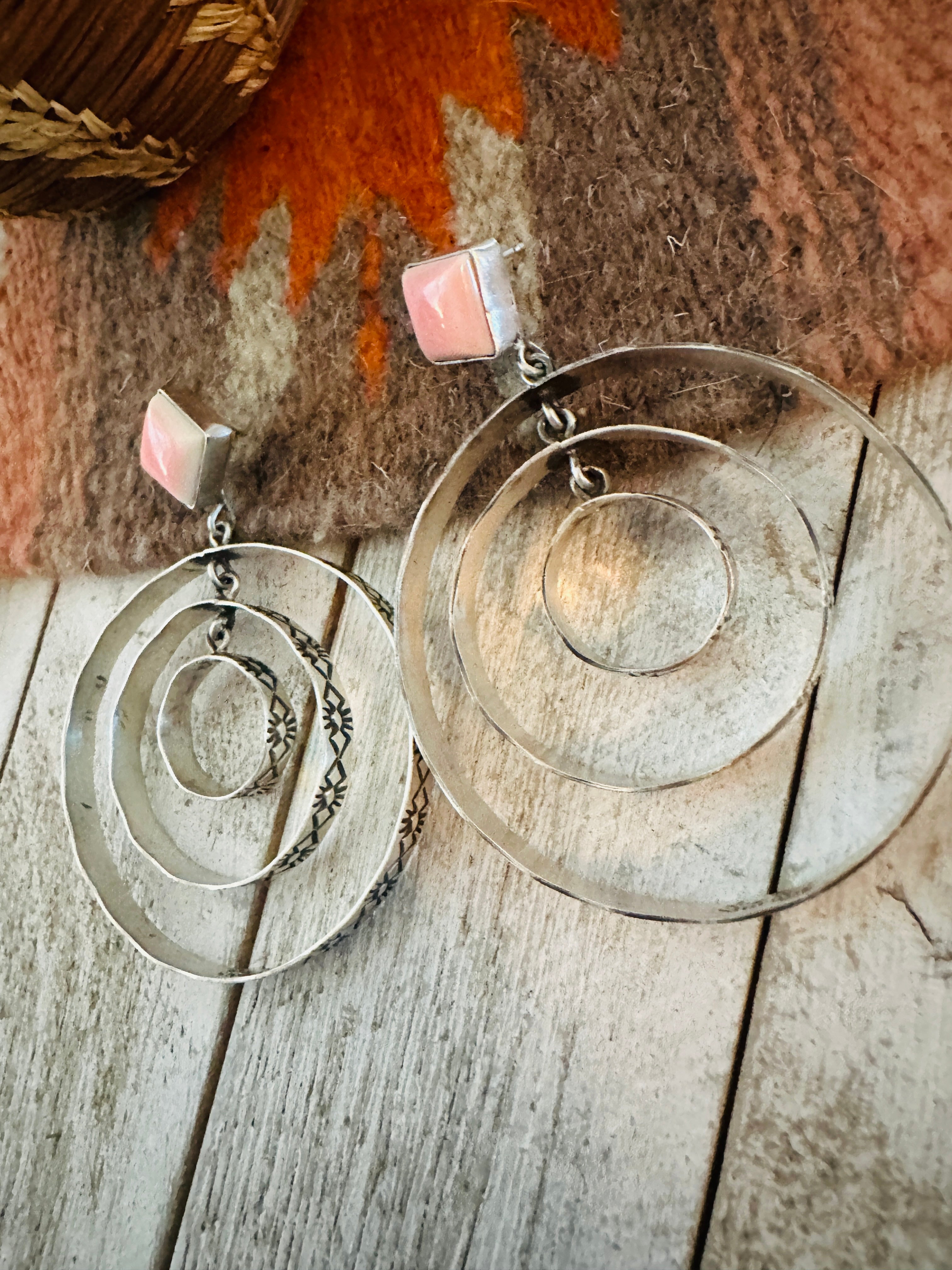 Navajo Sterling Silver & Queen Pink Conch Dangle Hoop Earrings