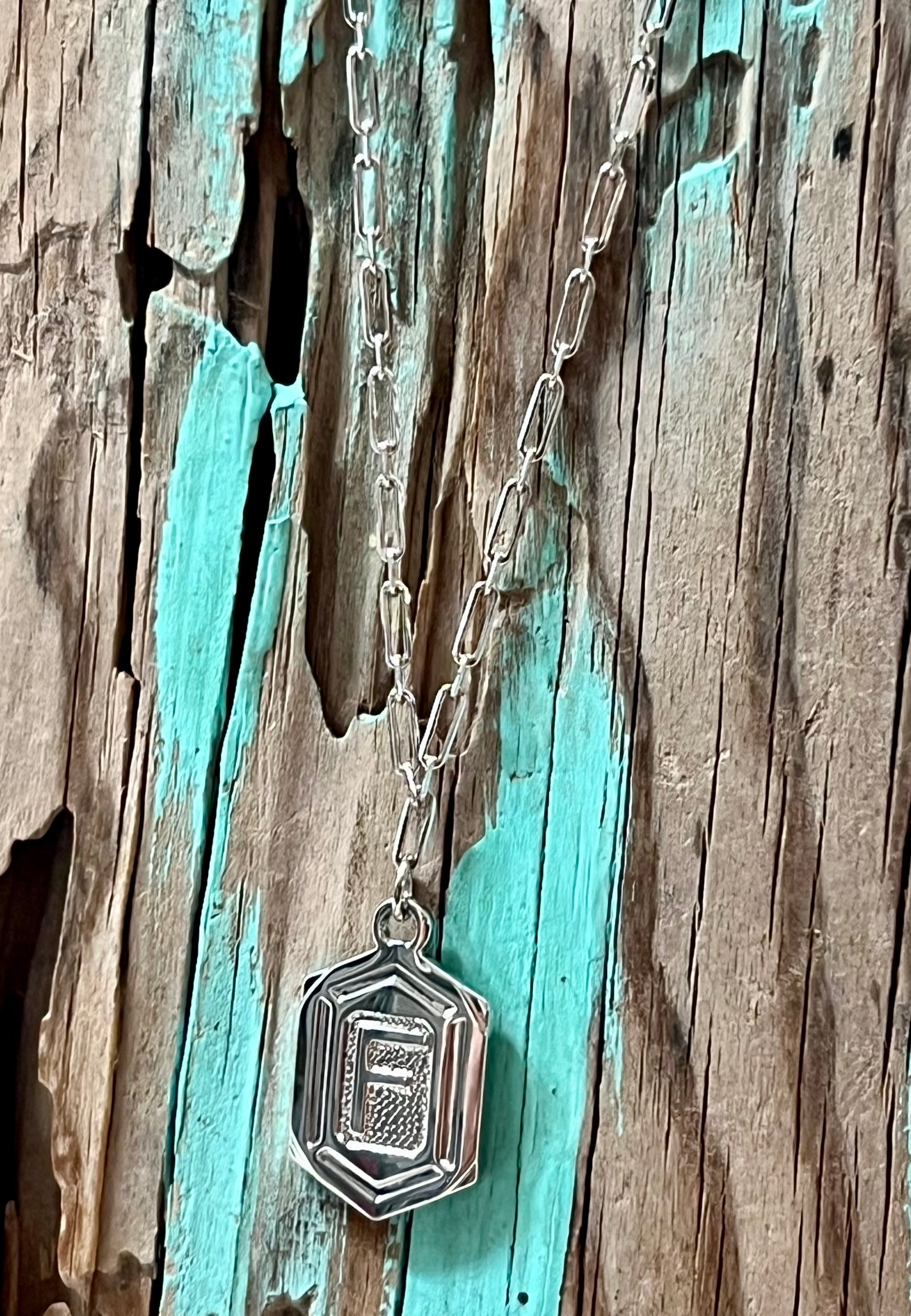 Hexagon Tag Initial “F” Pendant Necklace