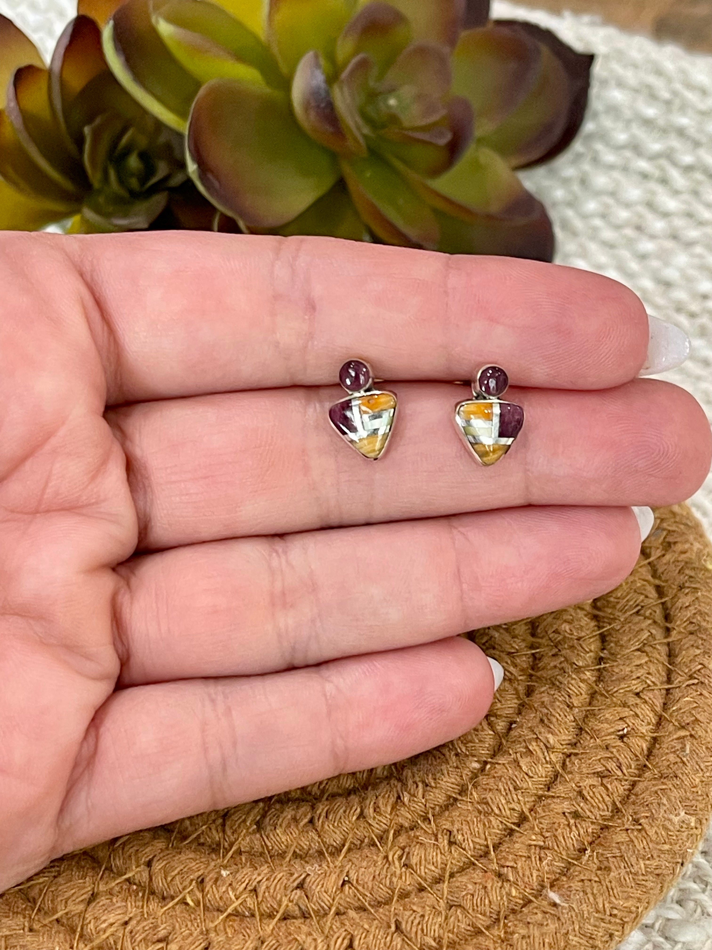 Beautiful Handmade Sterling Silver & Multi Stone Inlay Stud Earrings