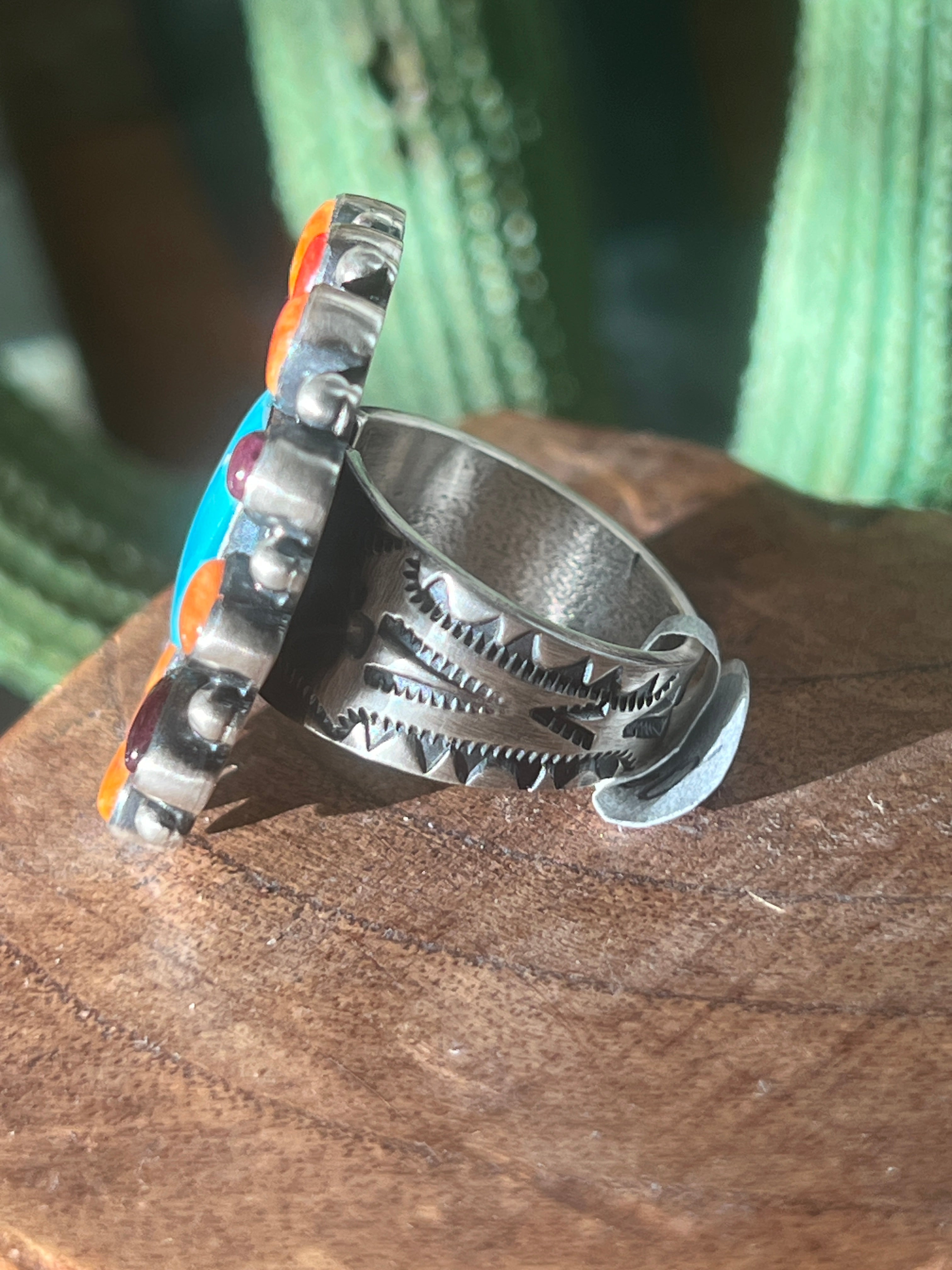 Navajo Electric Rainbow Turquoise and Spiny Oyster Ring by Angela Martin and Bernyse Chavez, Size 9