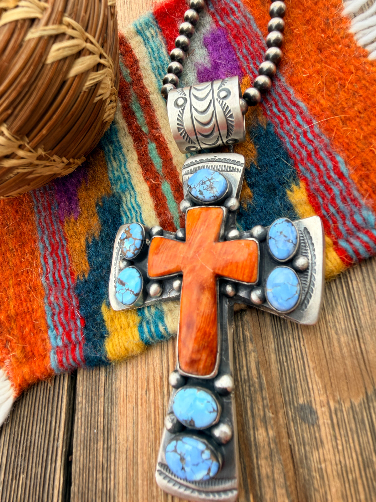 Handcrafted Turquoise, Spiny Oyster & Sterling Silver Cross Pendant by Chimney Butte