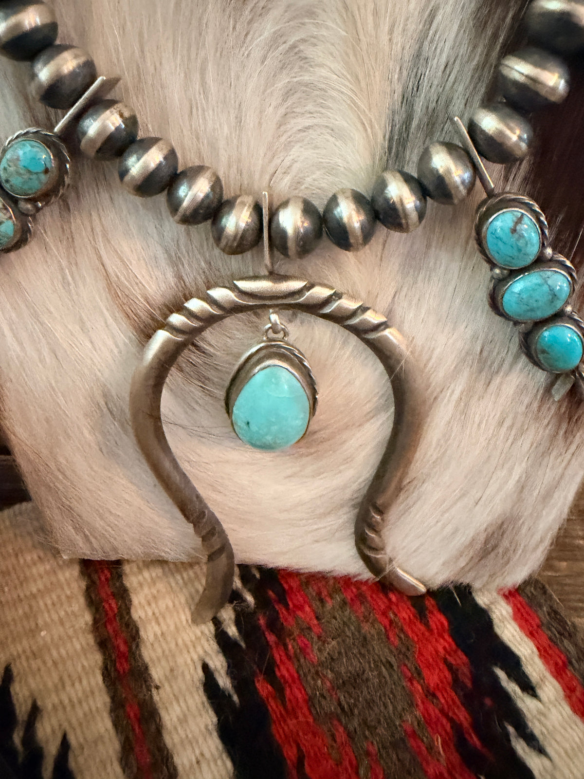 Handcrafted Turquoise & Sterling Silver Squash Blossom Necklace and Earring Set by Larry Kaye