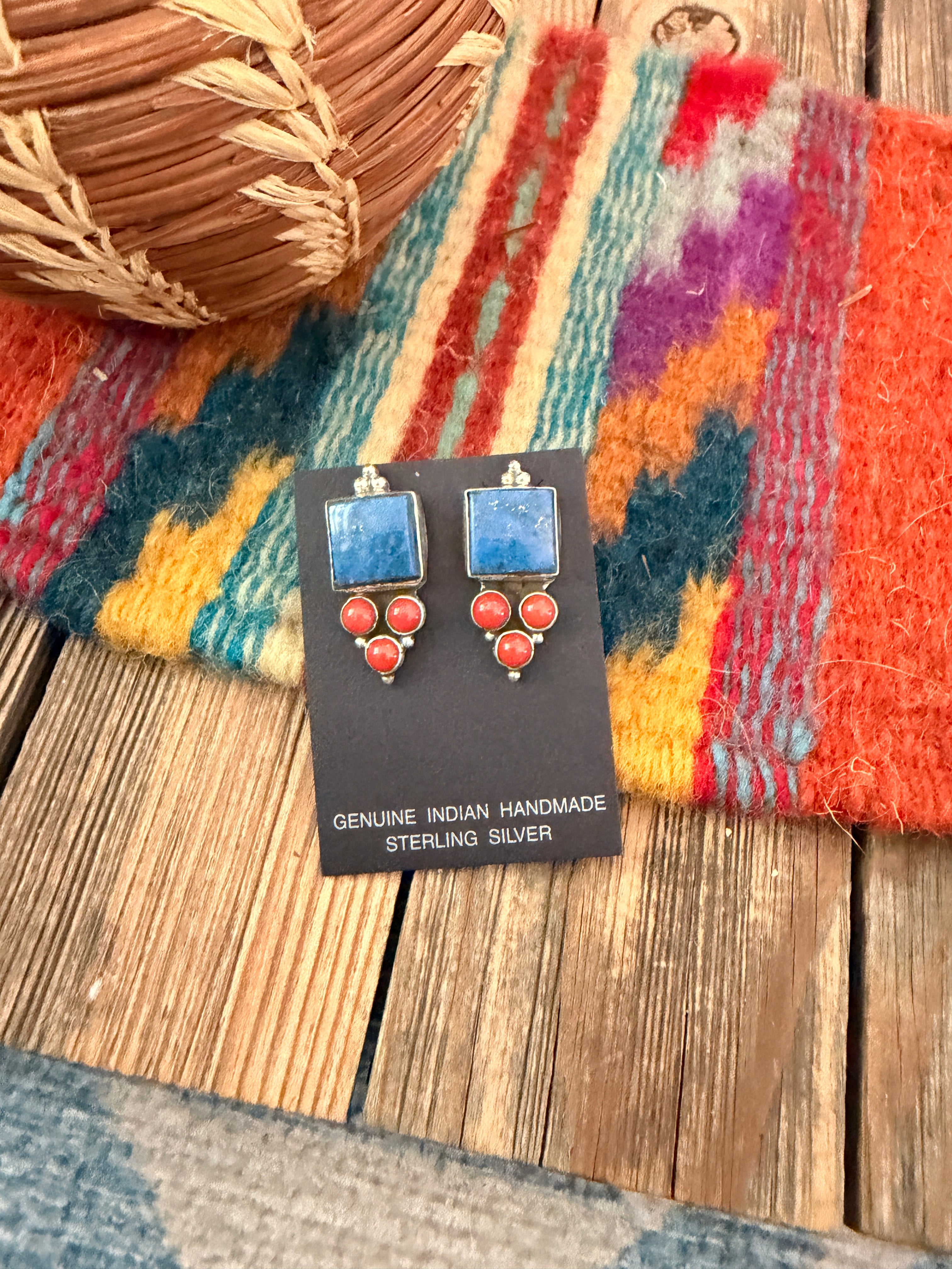Handcrafted Lapis, Coral & Sterling Silver Dangle Earrings