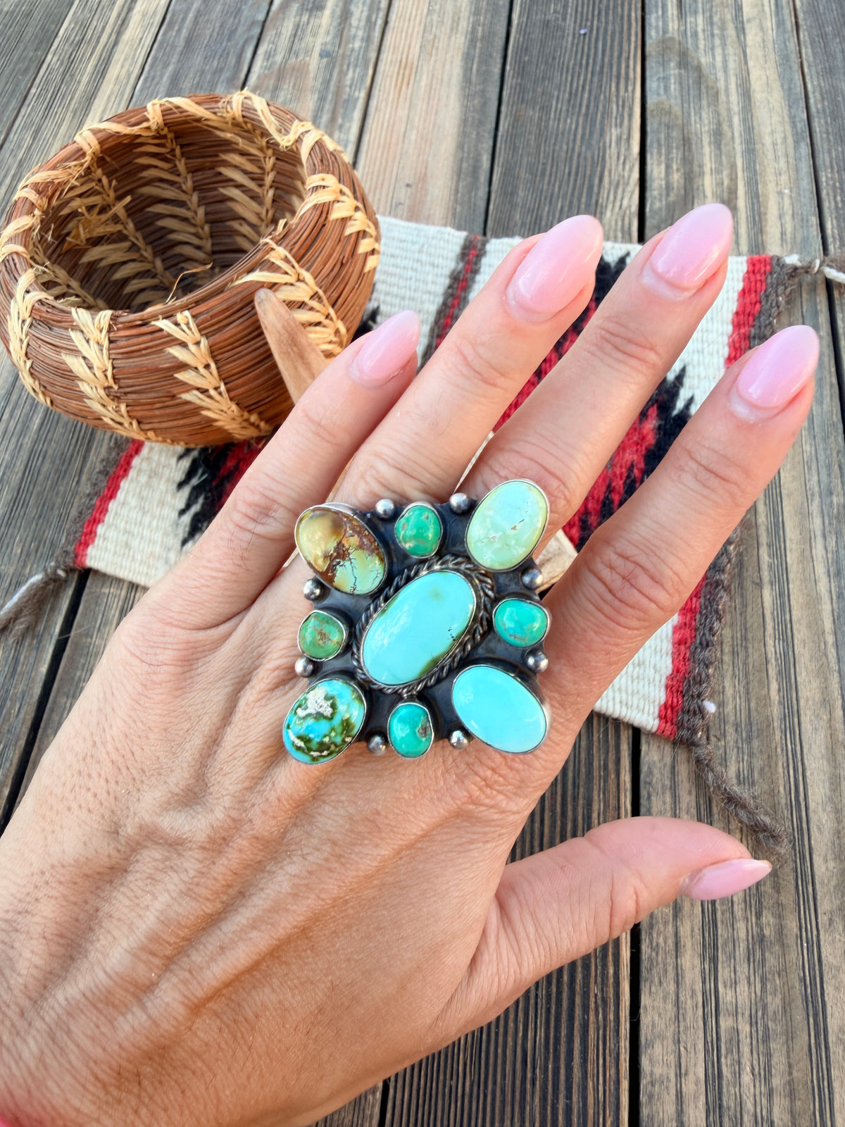Handcrafted Turquoise & Sterling Silver Cluster Adjustable Ring
