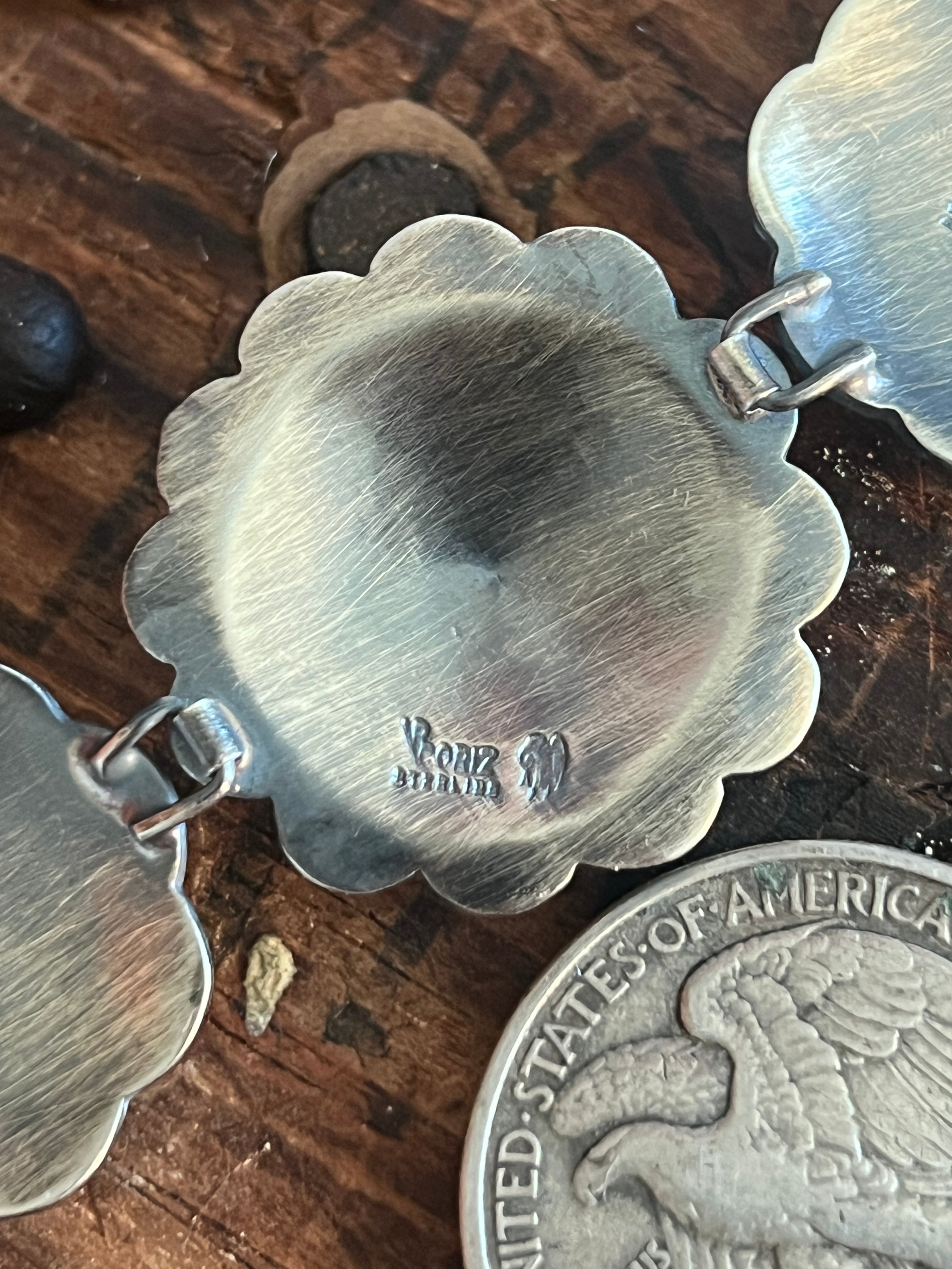 Raymond Coriz Sterling Concho Link Bracelet with Spiny Oyster Shell