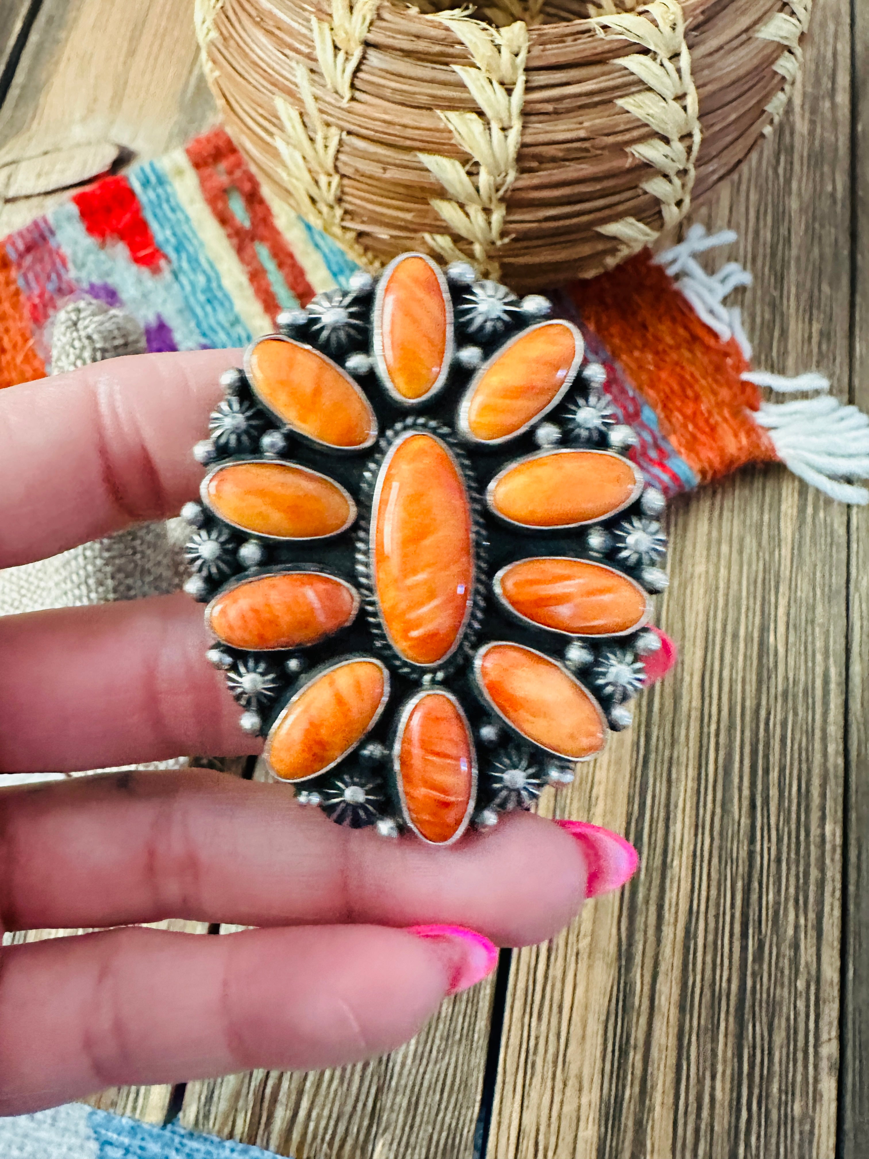 Old Pawn Handcrafted Spiny Oyster & Sterling Silver Cluster Ring Size 10