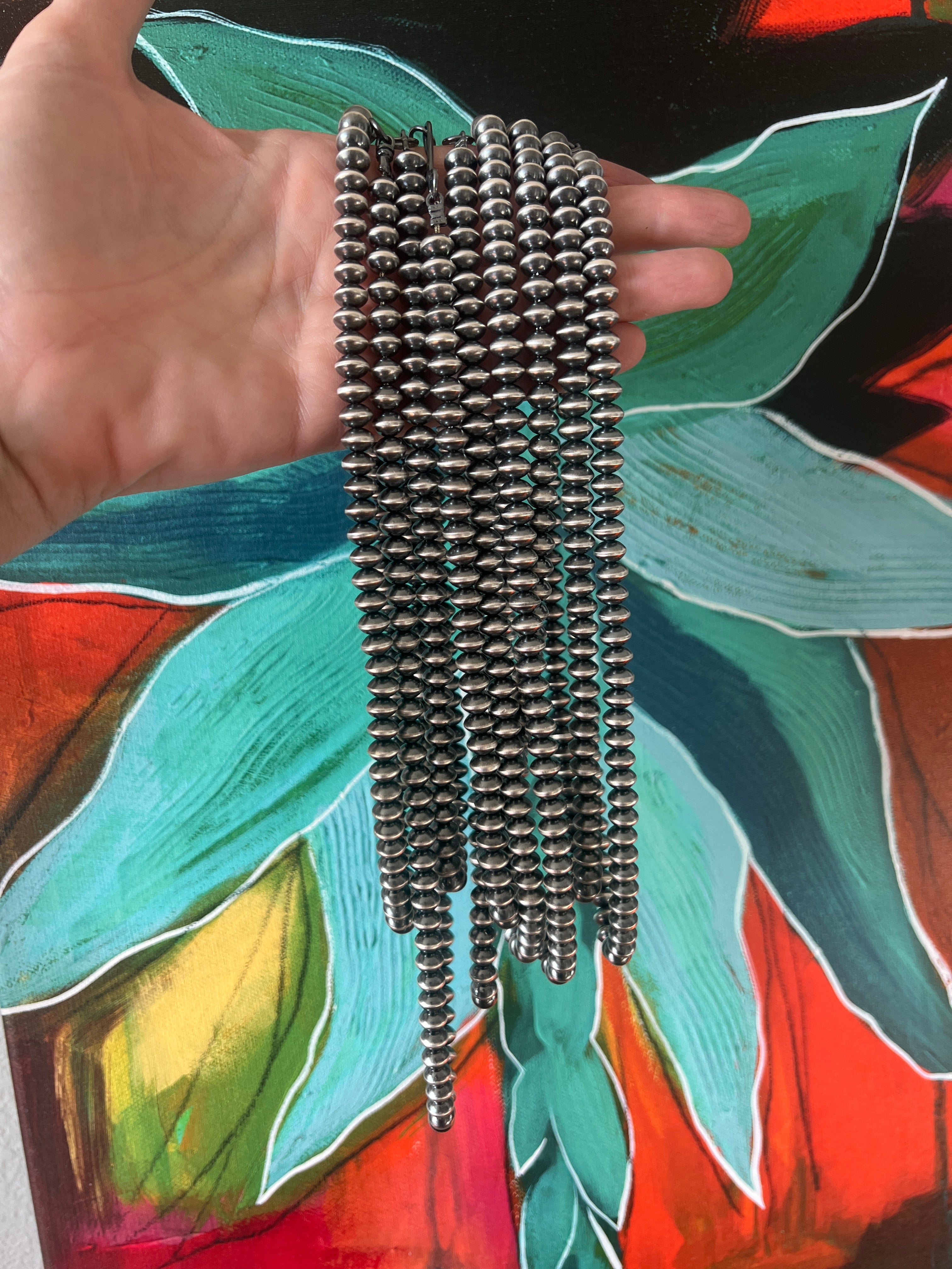 Vinita Cowboy Handmade 8mm Sterling Silver Navajo Saucer Pearl Beaded Necklaces