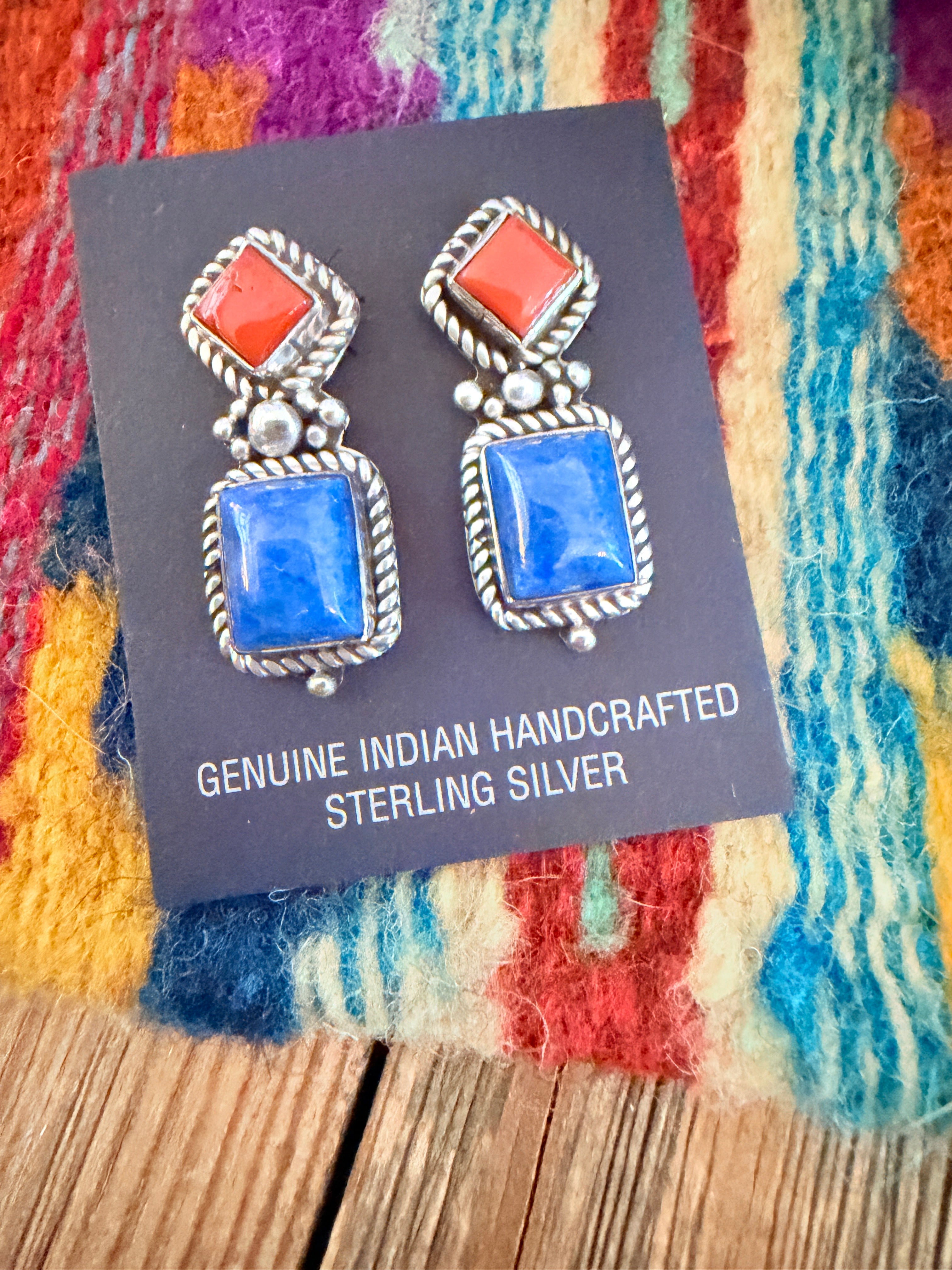 Handcrafted Lapis, Coral & Sterling Silver Dangle Earrings