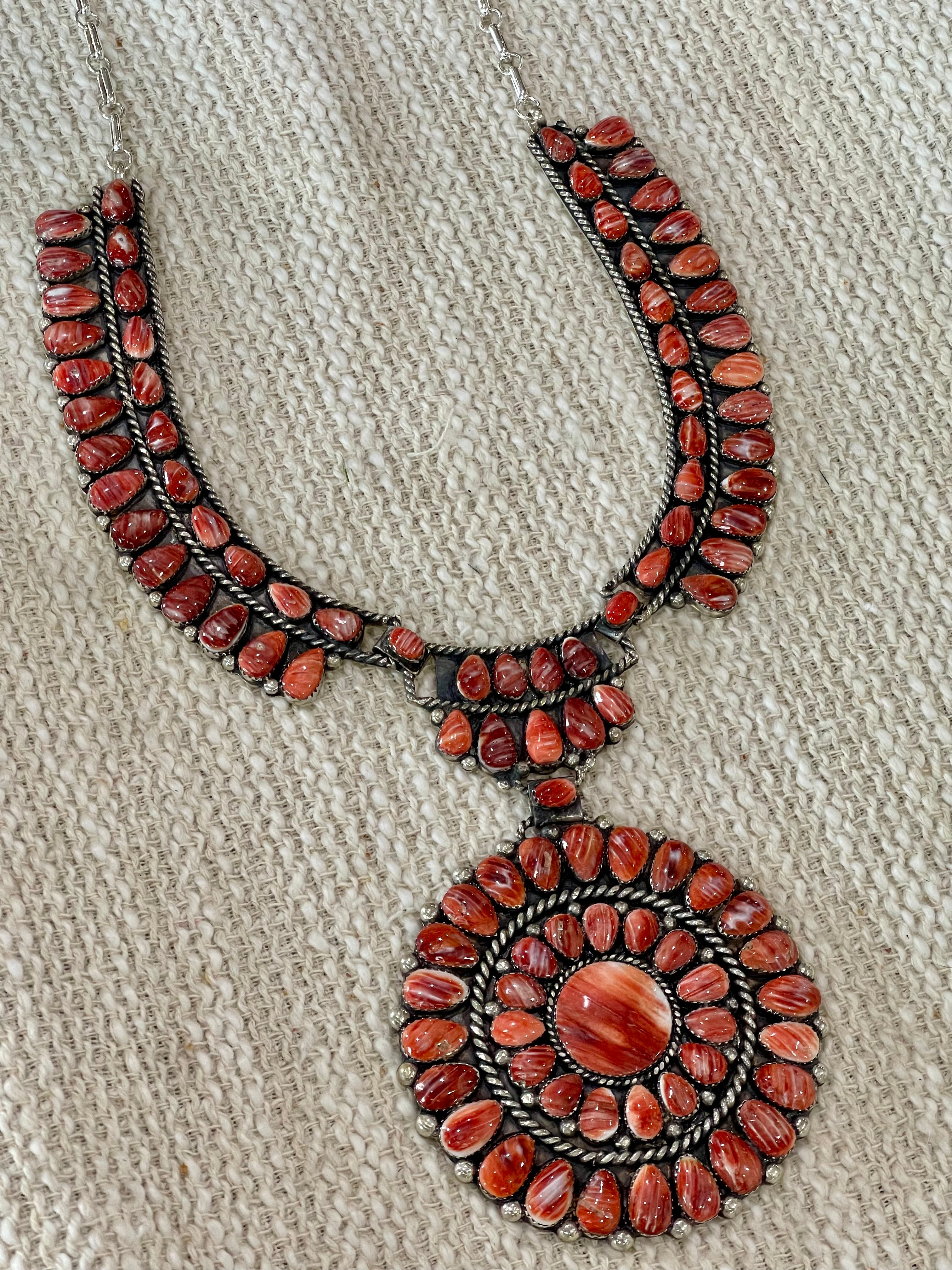 Handmade Sterling Silver & Red Spiny Cluster Necklace