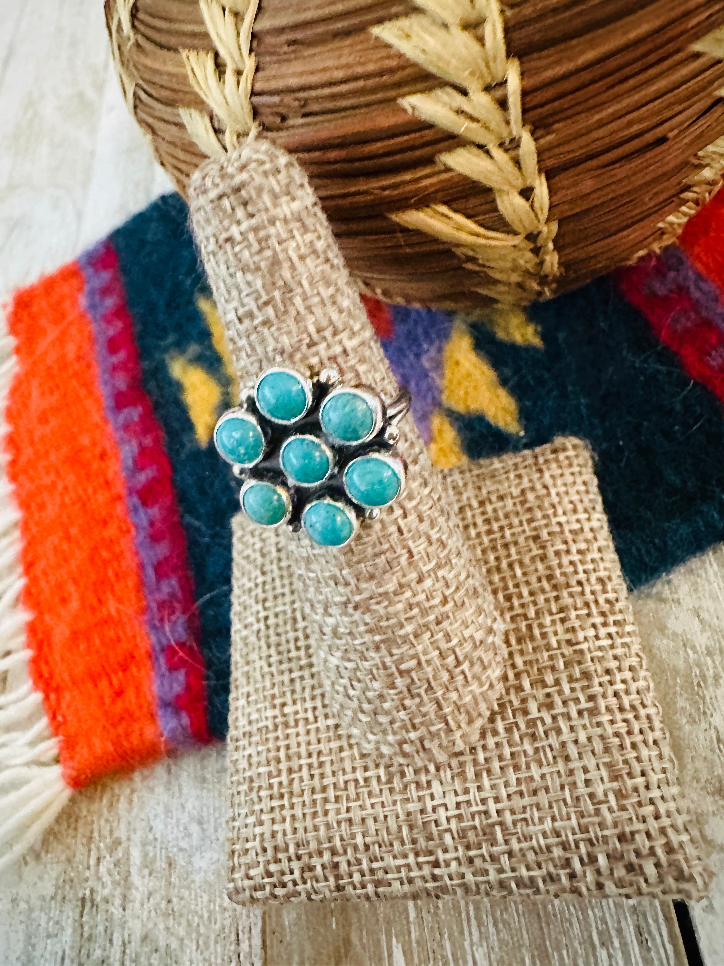 Handcrafted Turquoise & Sterling Silver Cluster Ring Size 6.5