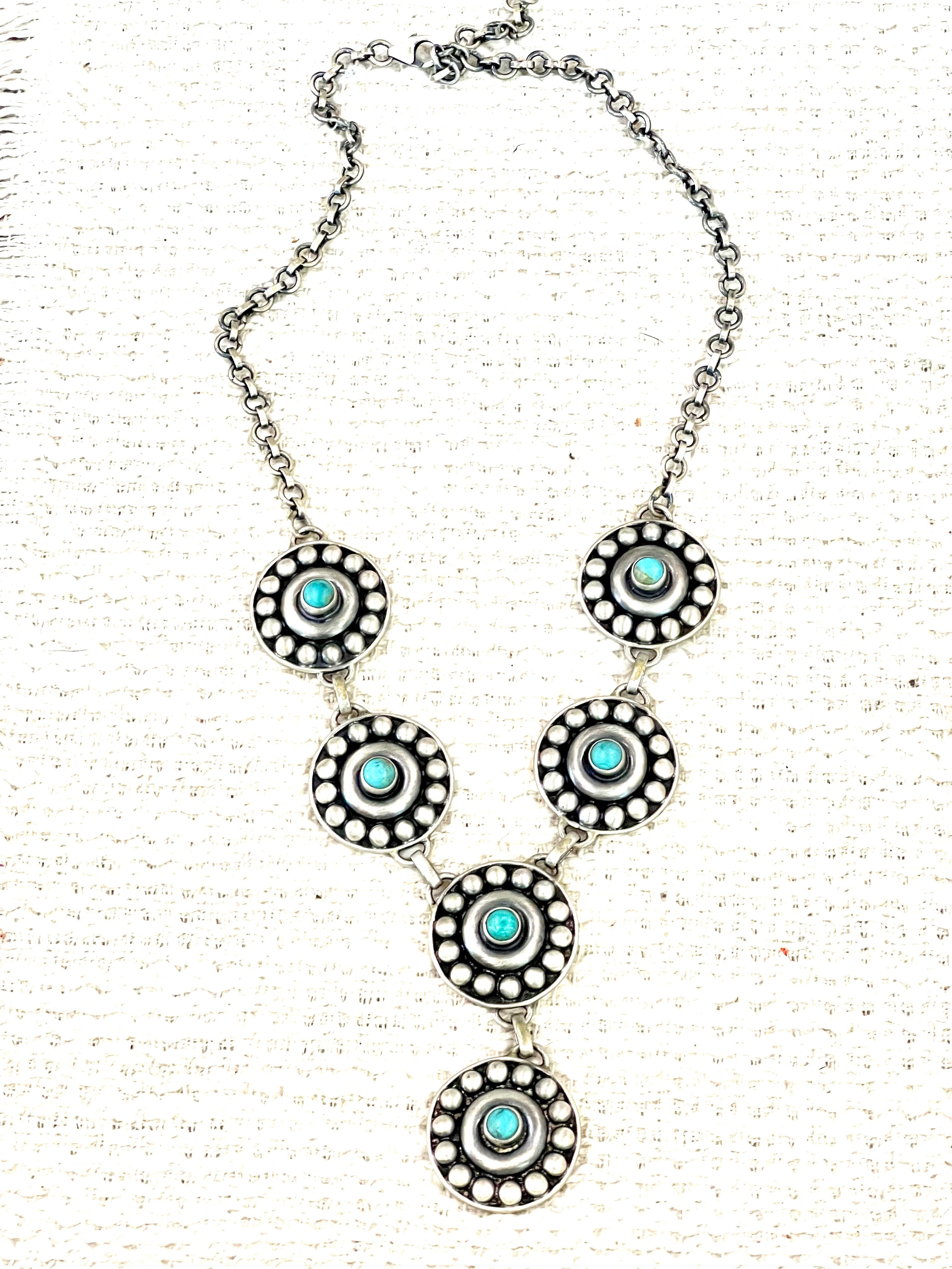 Handmade Sterling Silver Kingman Turquoise Necklace with Signed Nizhoni