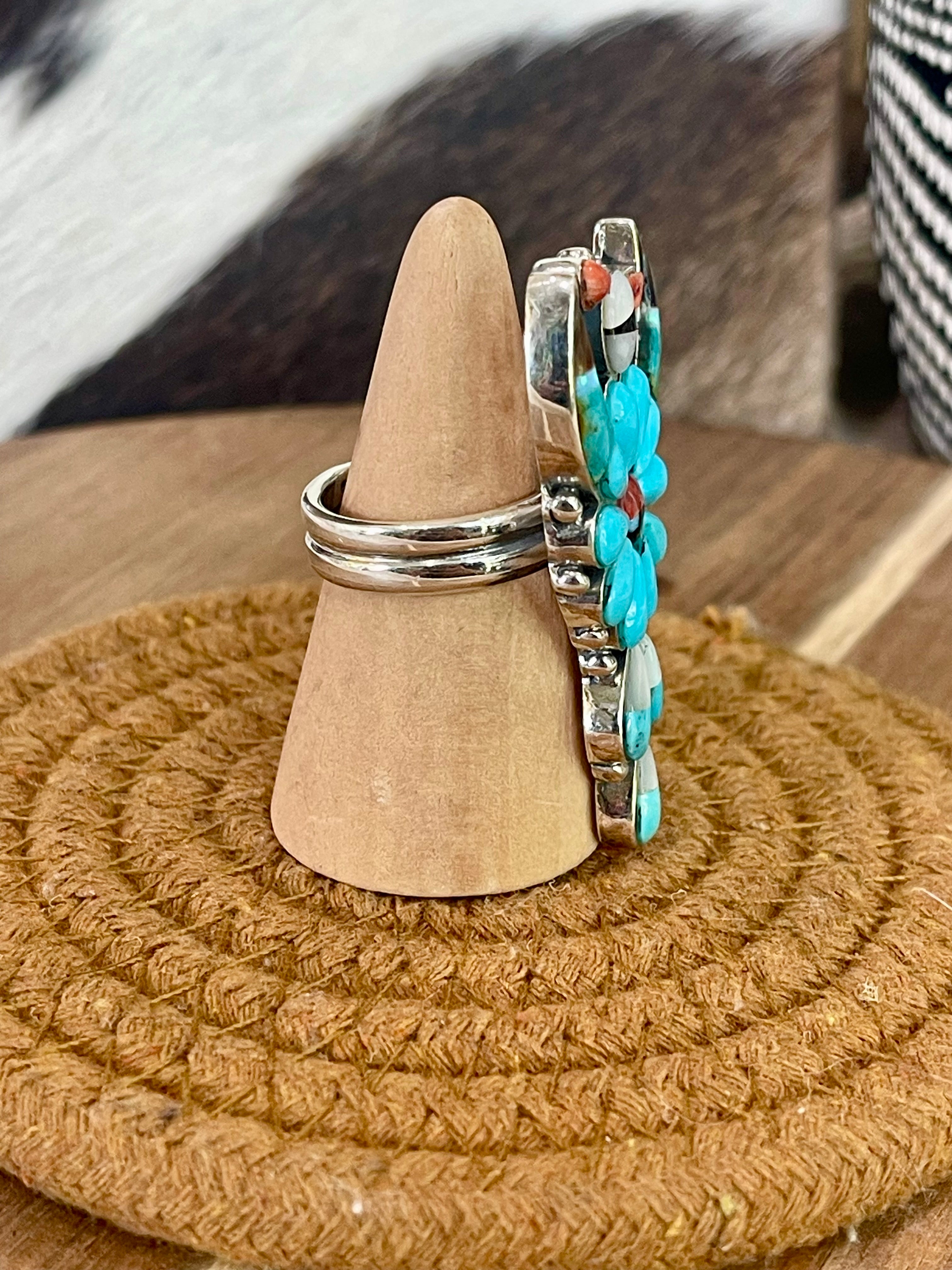 Beautiful Handmade Sterling Silver & Multi Stone Thunderbird Adjustable Ring